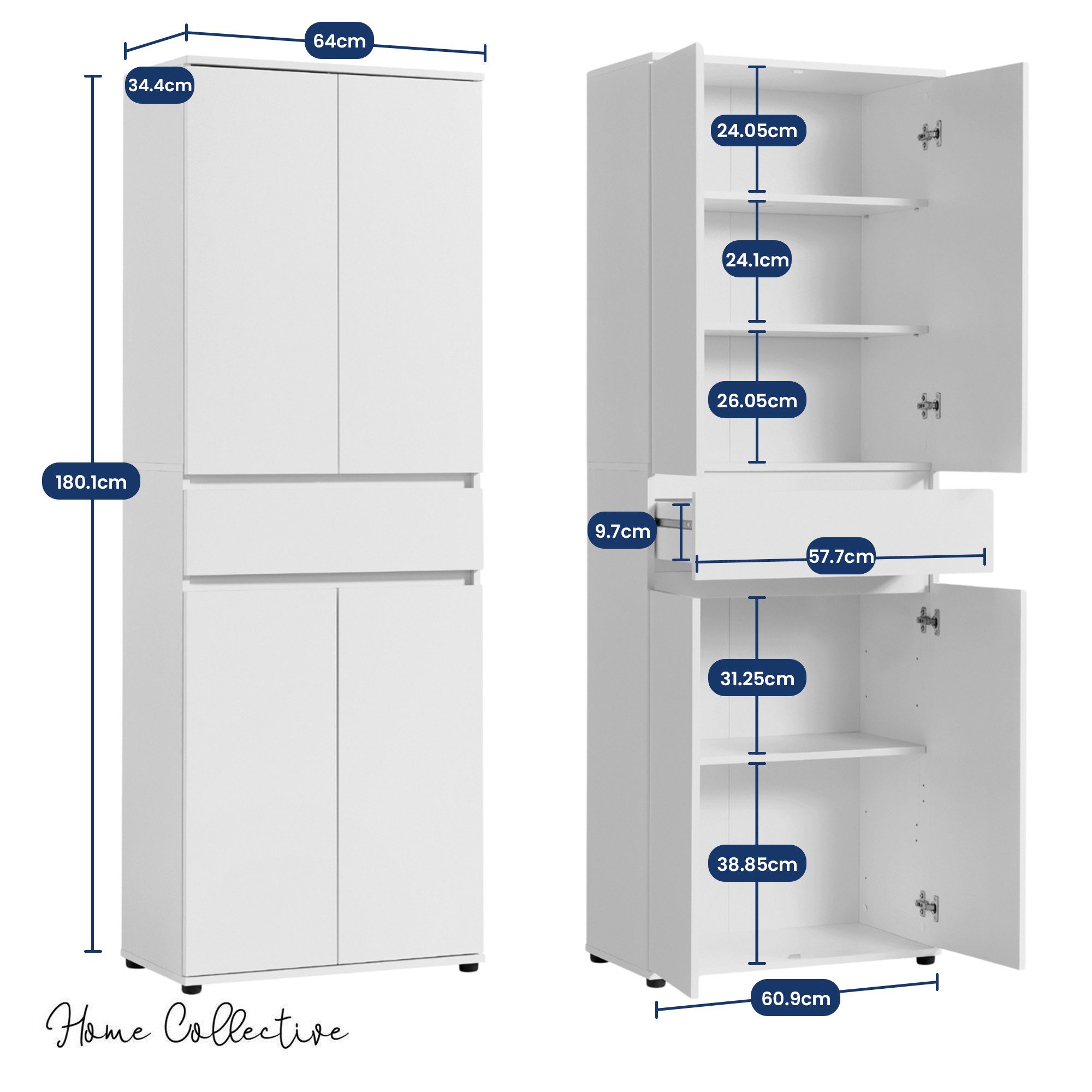 Home Collective Mehrzweckschrank Schrank 60 cm breit mit 4 Türen & Schublade mit 3 Einlegeböden 64x34x180 cm (BxTxH) Weiß