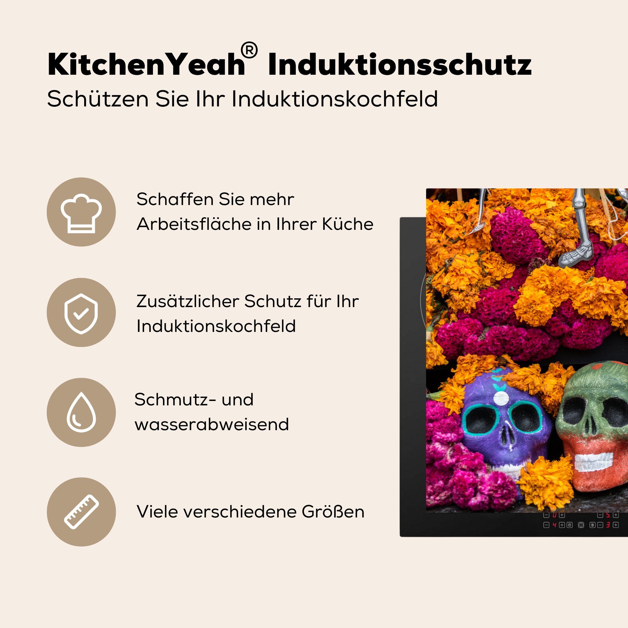 Herdblende-/Abdeckplatte Induktionskochfeld cm, die für Vinyl, Ceranfeldabdeckung Verzierte Schutz tlg), MuchoWow Blumen, küche, 81x52 (1 zwischen Totenköpfe