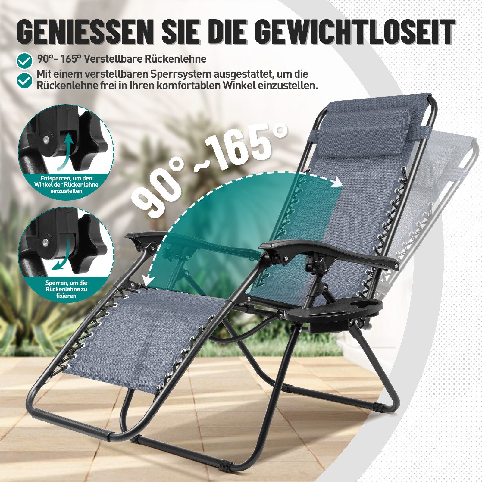 Huracan Gartenliege Sonnenliege Klappbar, Gartenliege Wetterfest, bis 120 KG, 2 St., Liegestuhl Garten mit Nackenkissen Getränkehalter Seitentasche, klappbar,er – Bild 4 von 5