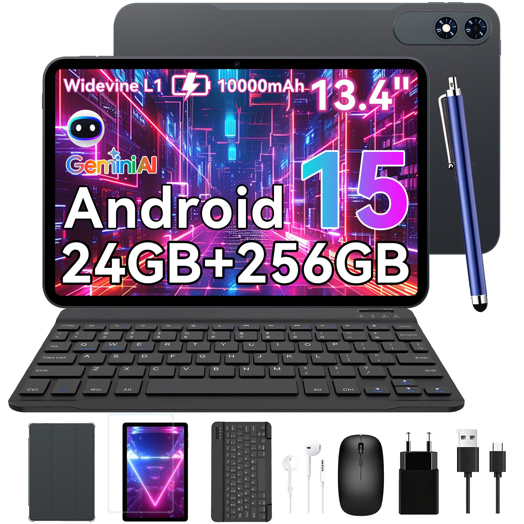 TABWEE T60Pro 13.4" Android 15 mit Tastatur/Maus/Stift/Kopfhörer 10000mAh Tablet (13.4", 256 GB, Android15, 10000 mAh, Android 15, Gemini AI, mit Zubehör, Kabel-Headset)