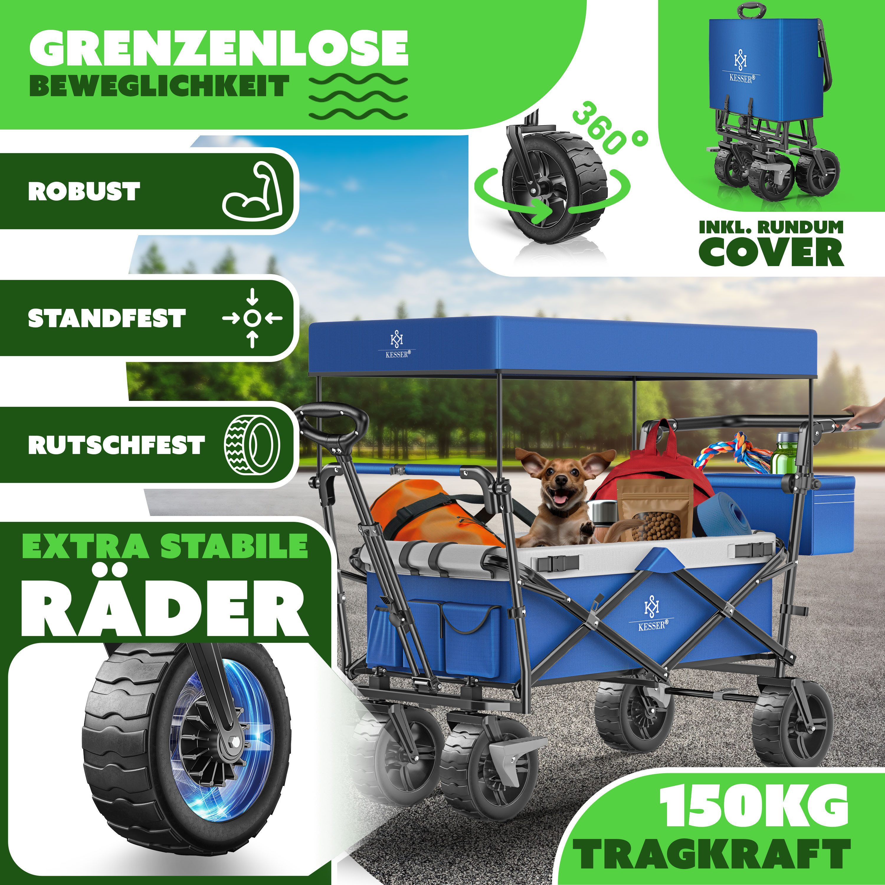 KESSER Bollerwagen, Bollerwagen faltbar GT9000 mit Dach Handwagen Transportwagen