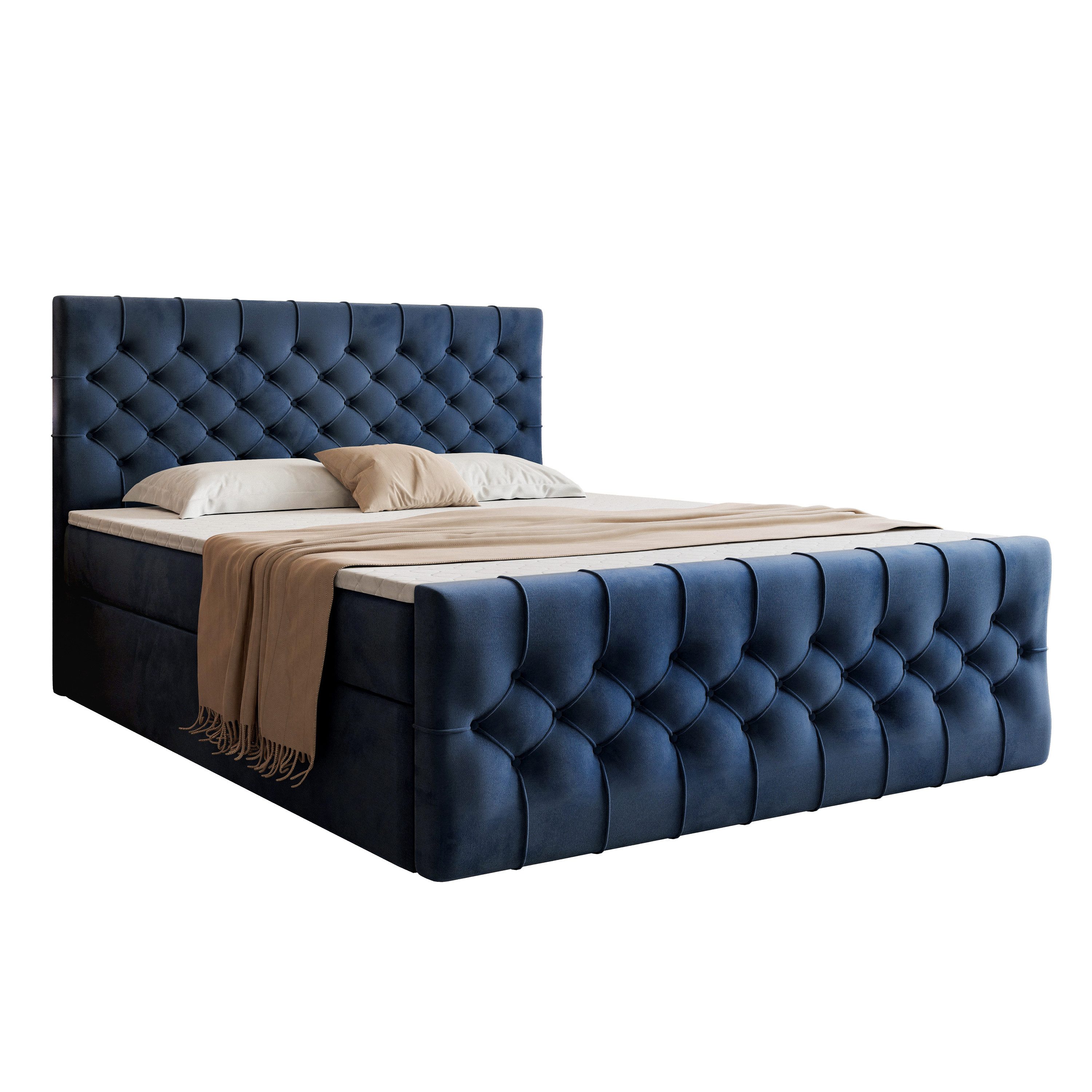 Goldstoff Boxspringbett TAURIEL mit Federkernmatratze & Topper, zwei Bettkästen (von 120 bis 200x200 cm), modernes Doppelbett aus Velvet Stoff mit edlem Kopfteil
