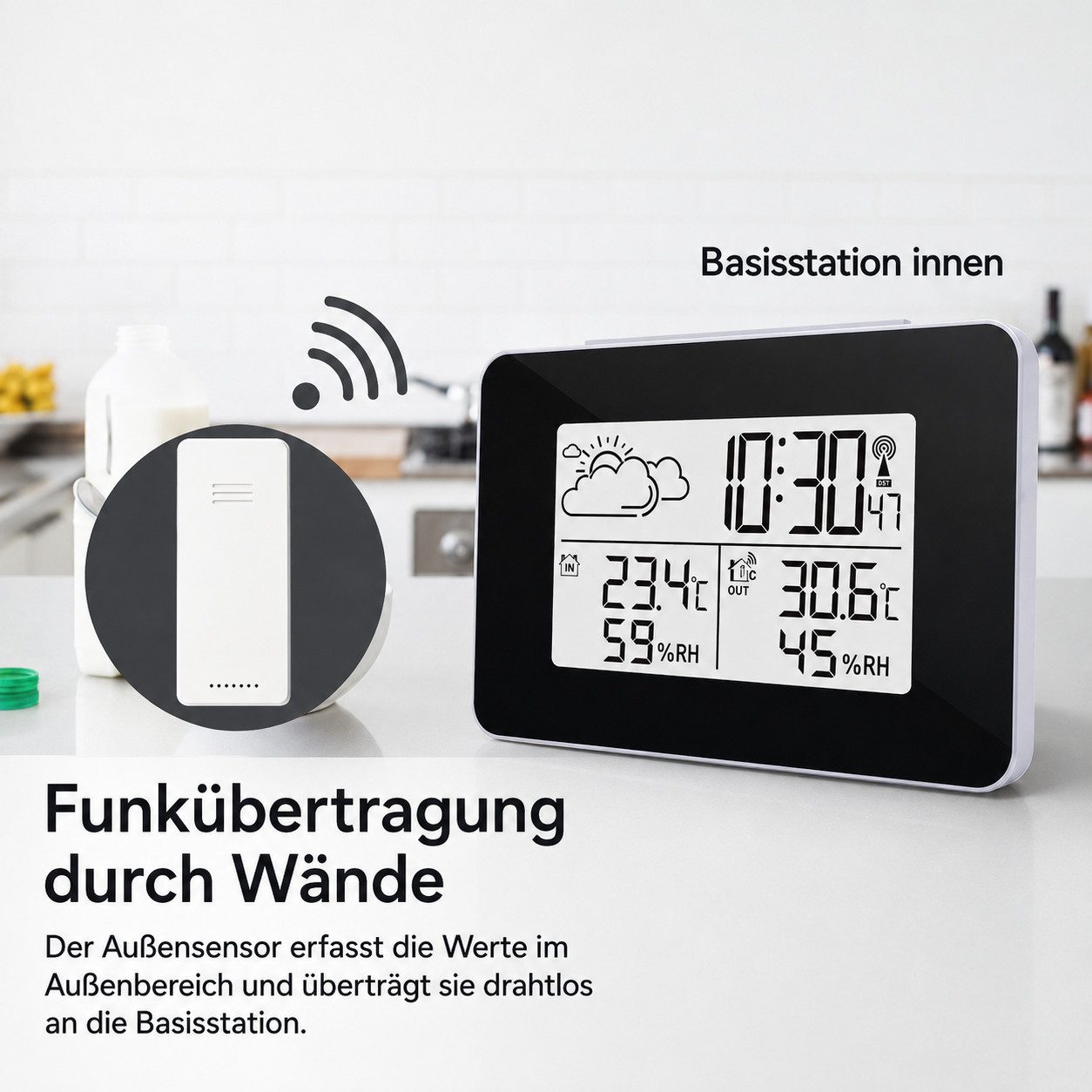 BlingBin mit Außensensor, Wetterstation kabellos mit Wettervorhersage Funkwetterstation (mit Außensensor, Funkuhr Wetterstation mit Thermometer, Hygrometer, Funkuhr und Wecker)