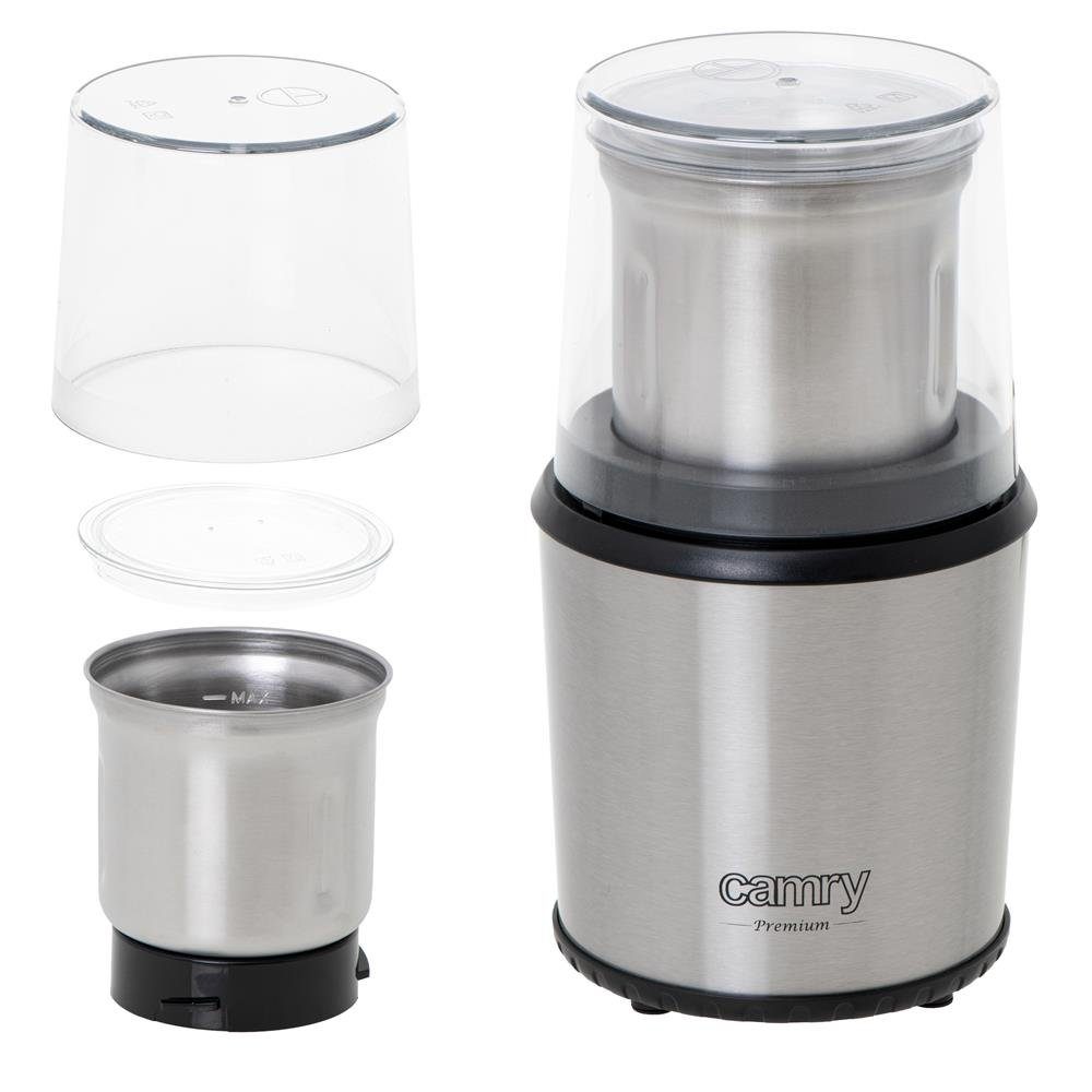Camry Kaffeemühle CR 4444, elektische Kaffeemühle, Elektromühle mit Löffel, Espressomühle, Edelstahl, stahlgrau / silber
