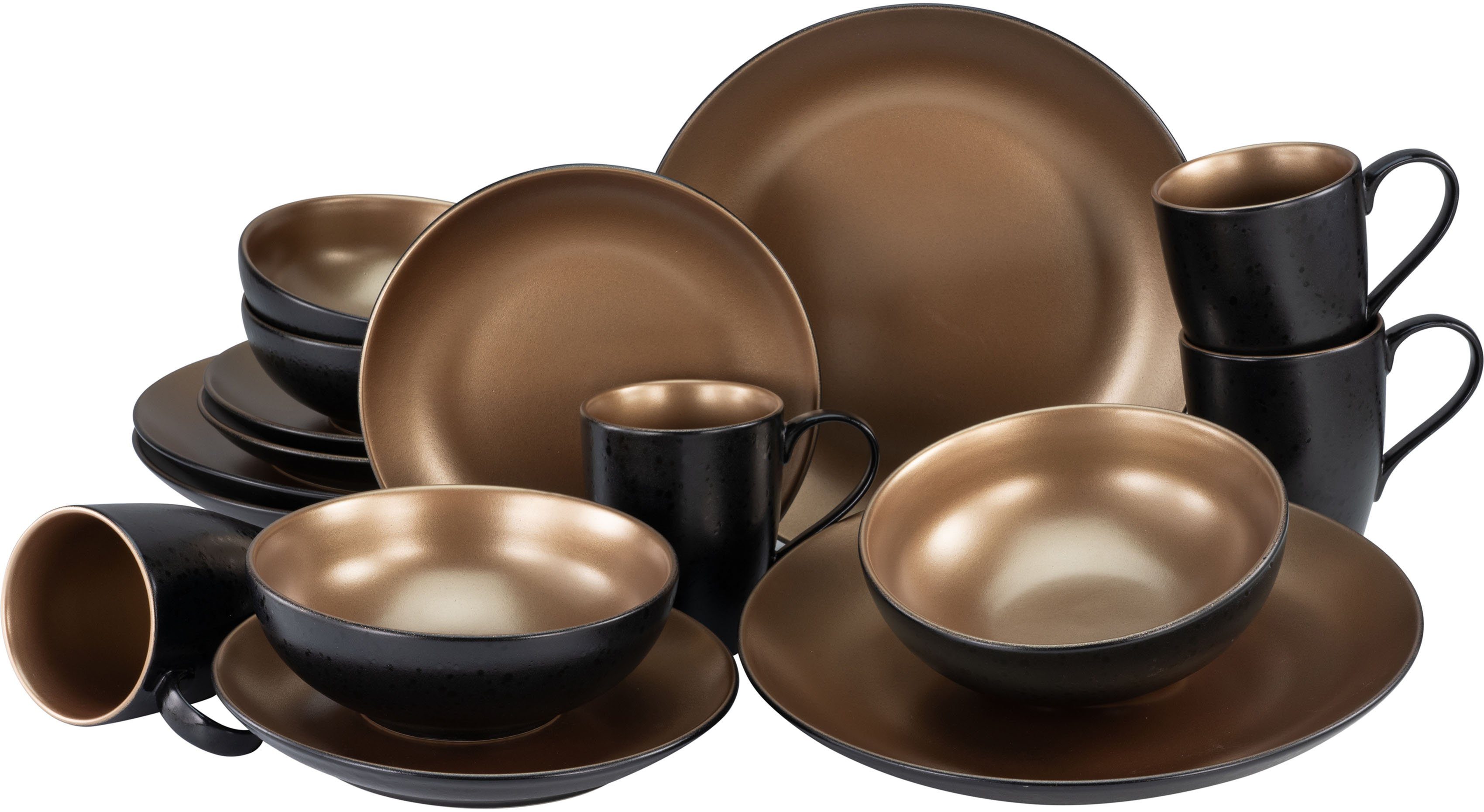 CreaTable Kombiservice Geschirr-Set Glamour Gold (16-tlg), 4 Personen, Steinzeug, Service, metallische Farben, 16 Teile, für 4 Personen
