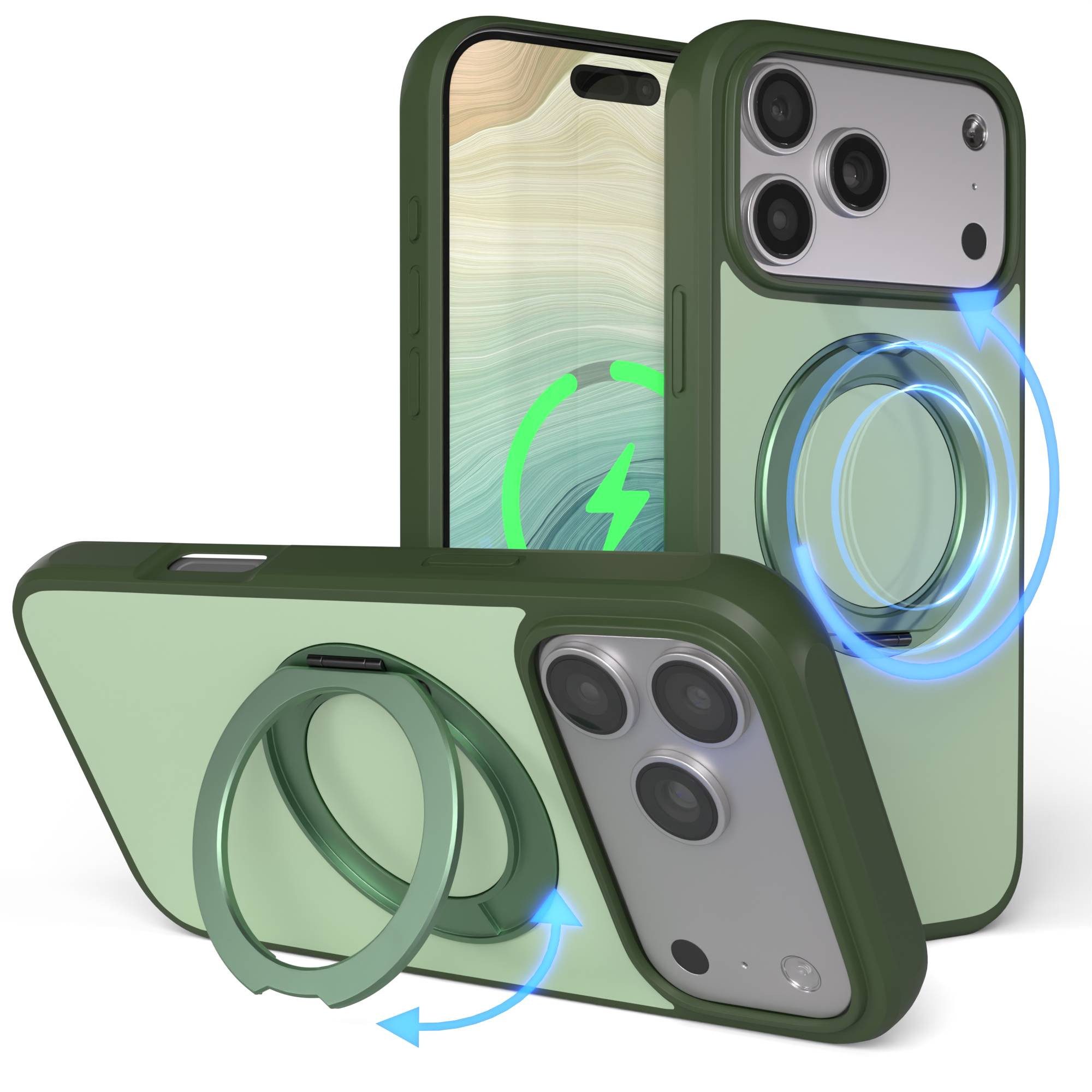 EAZY CASE Handyhülle Outdoor Apple iPhone 17 Pro Max Case MagSafe Rotation Ring 6,9 Zoll, Backcover Case mit Rotation Ring Outdoor Hülle aufstellbar Dunkelgrün
