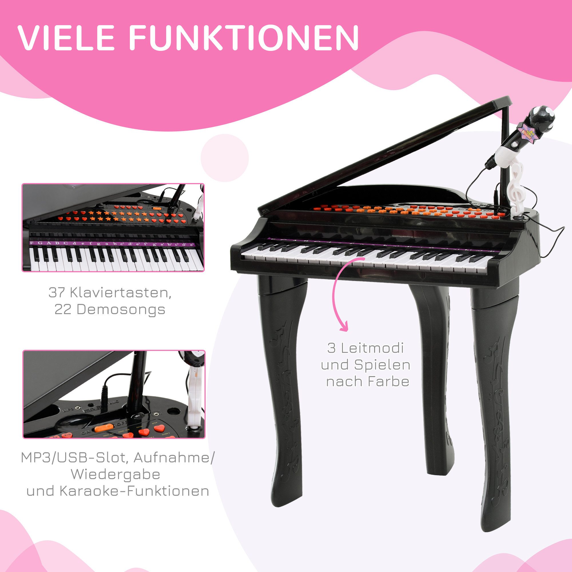 HOMCOM Spielzeug-Musikinstrument Keyboard Kinder mit Mikrofon, LED-Lehrmodus, Piano schwarz, (Mini-Klavier, 2 tlg., MP3 USB inkl. Hocker 37 Tasten), Schwarz 48  – Bild 5 von 5