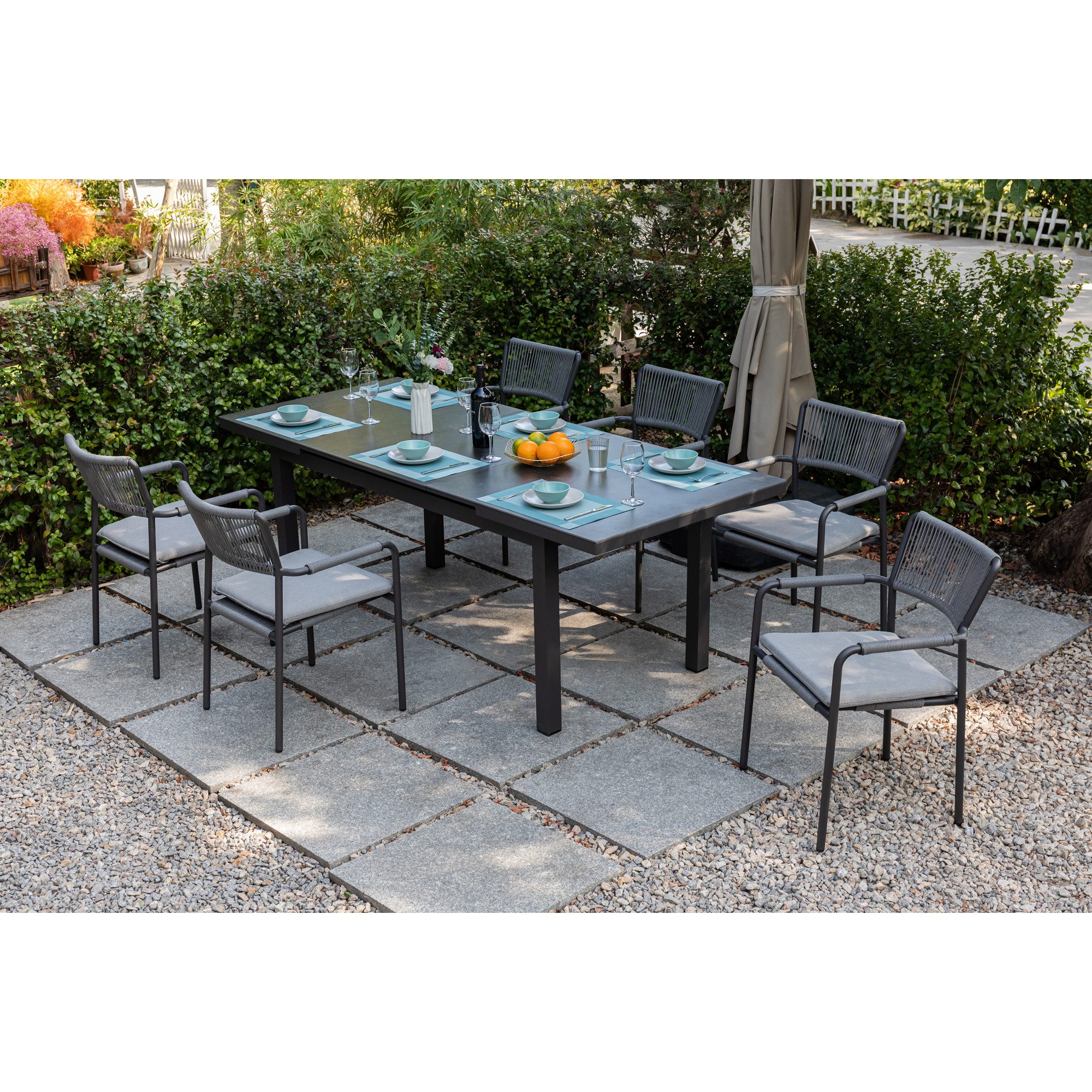 MANDALIKA Garden Garten-Essgruppe 7-teilig Essgruppe Madri 6x Stapelsessel und Ausziehtisch, Sessel stapelbar, Tisch ausziehbar