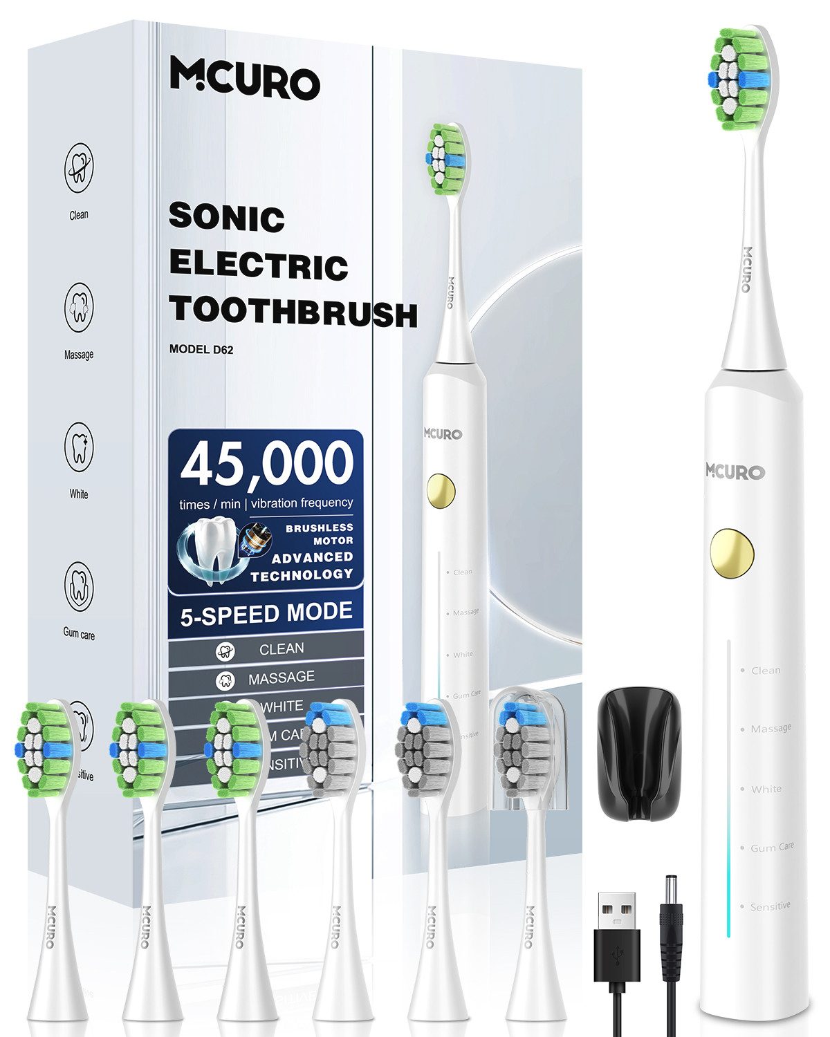 MCURO Elektrische Zahnbürste Für Empfindliche Personen, 45000VPM, Щетки: 6 St., Zahnbürste Elektrisch 120 Tage Akkulaufzeit,Batteriestandsanzeige, Schallzahnbürste IPX7,5 Modi,Gründliche Reinigung aller Mundbereiche