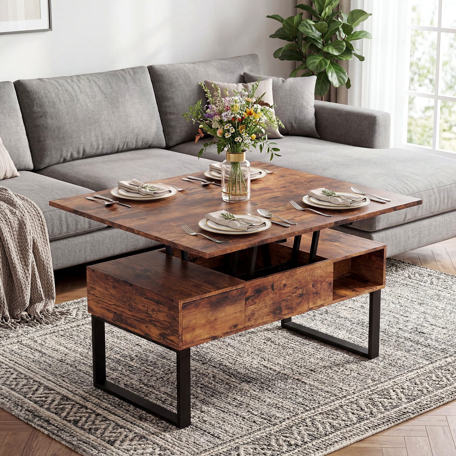 VOWNER Couchtisch 3-in-1-Multifunktions-Wohnzimmertisch, Höhenverstellbar, 1 Schublade + offene Ablagefächer + verstecktes Fach