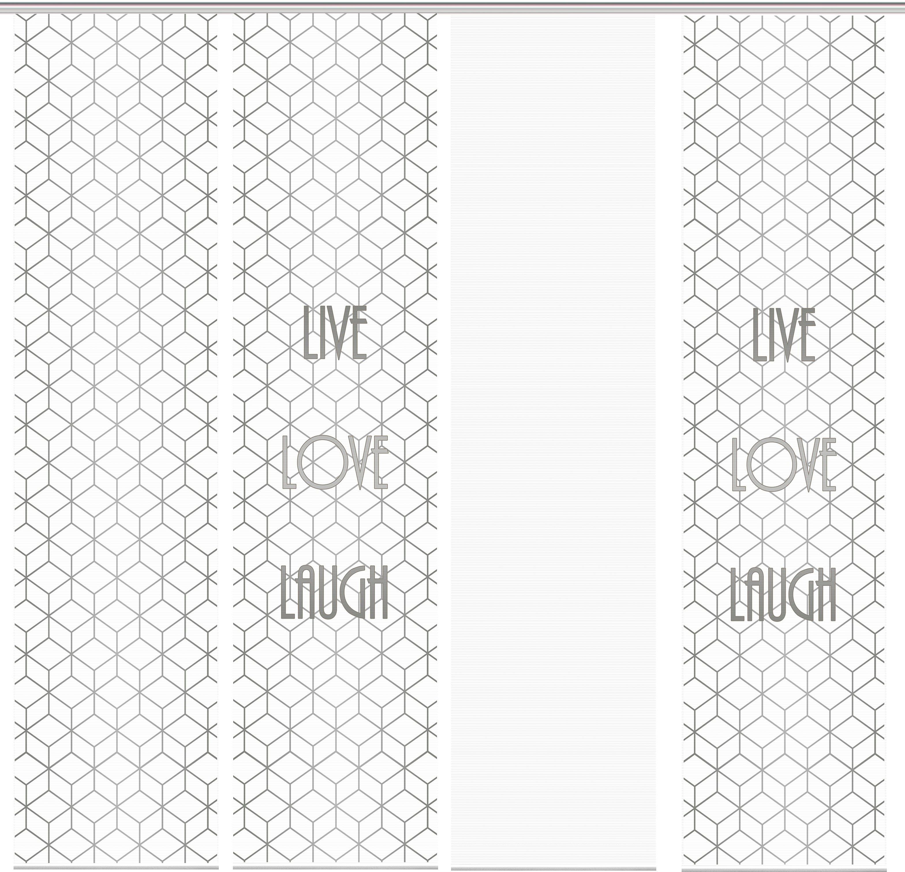 Schiebegardine LIVE LOVE LAUGH Vision S, 4er grau bedruckt (4 blickdicht, SET, Paneelwagen Bambus-Optik, St), Digital