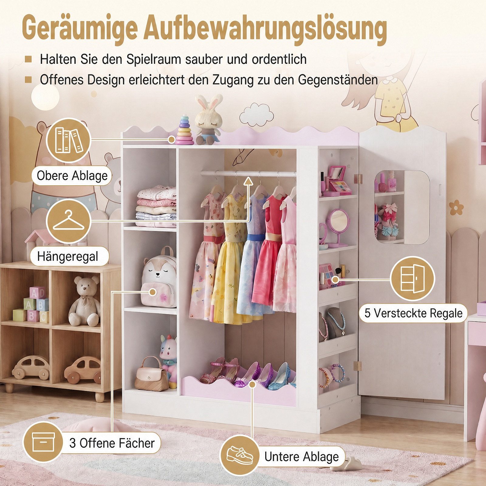 KOMFOTTEU Kinderkleiderschrank Kindergarderobe Kleiderständer mit Spiegel, Kleiderstange & offenen Fächern – Bild 3 von 5