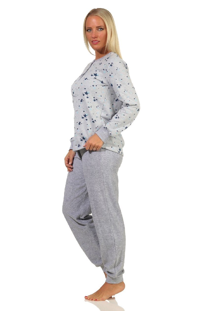 Normann Pyjama Damen Frottee Übergrößen Bündchen - mit Pyjama in auch Optik grau-melange Sterne