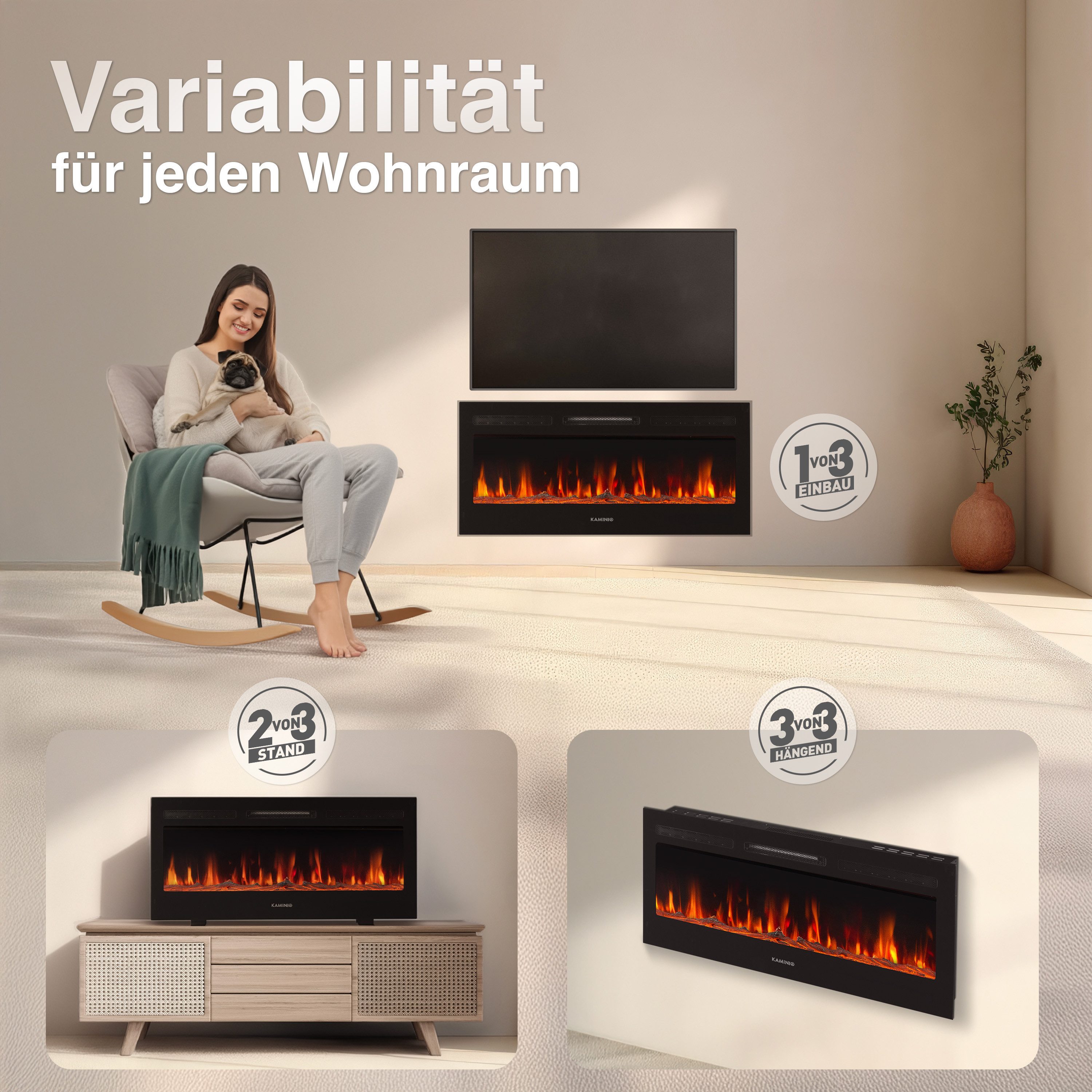 KAMINIO Elektrokamin MARLON, 3in1 Kamin: Elektrischer Stand-, Wand- und Einbaukamin, Heizung 1800W