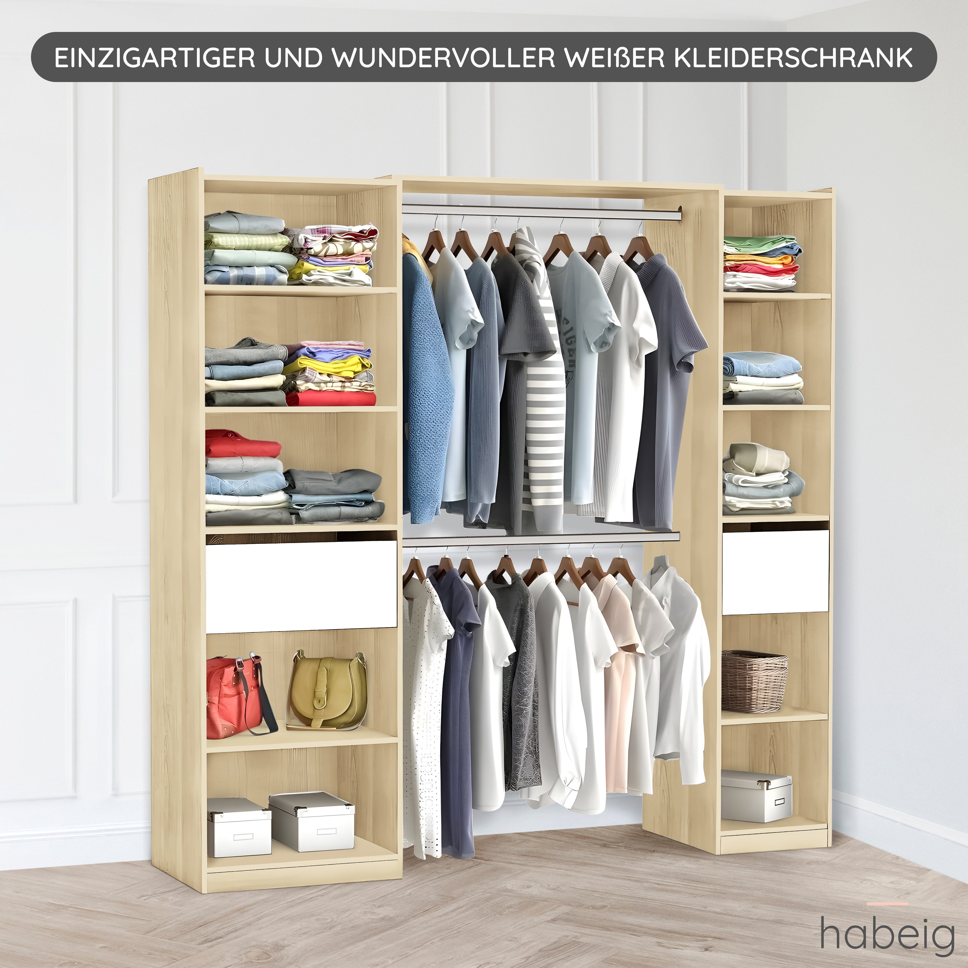 Kleiderschrank Kleiderschrank Schublade Begehbarer offen habeig Breite Weiß/Natur verstellbar in 5077