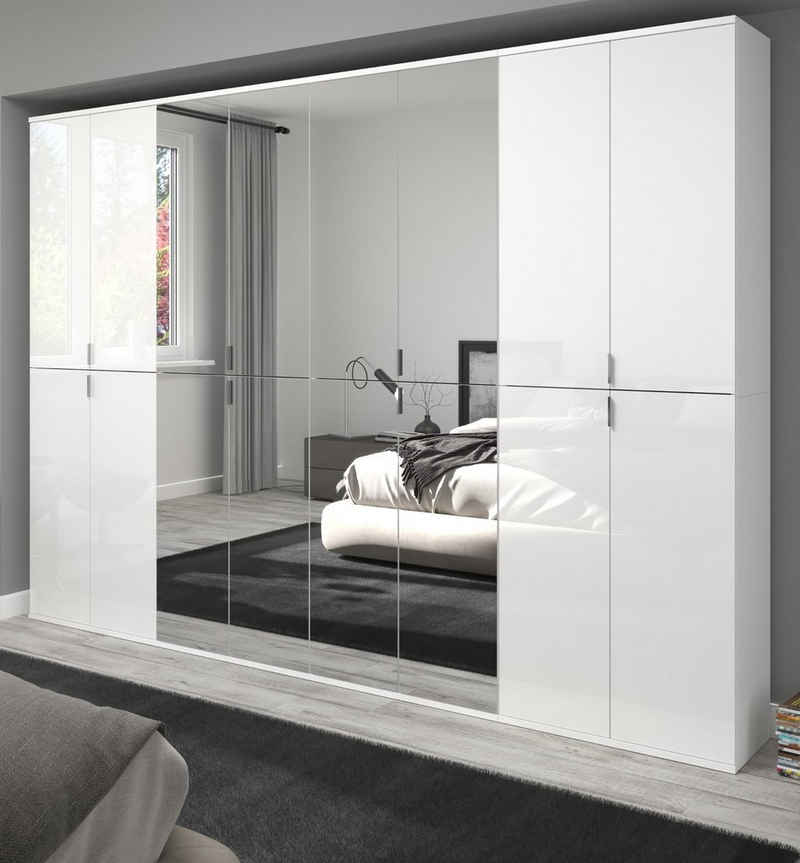 xonox.home Kleiderschrank ProjektX (Schrank in weiß Hochglanz, 244 x 193 cm) mit Spiegeltüren, Variable Inneneinteilung