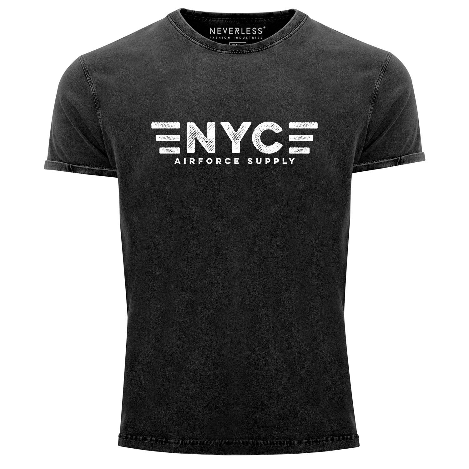 Neverless Print-Shirt Herren Vintage Shirt Aufdruck NYC New York City Airforce Supply Print Printshirt T-Shirt Used Look Slim Fit Neverless® mit Print schwarz