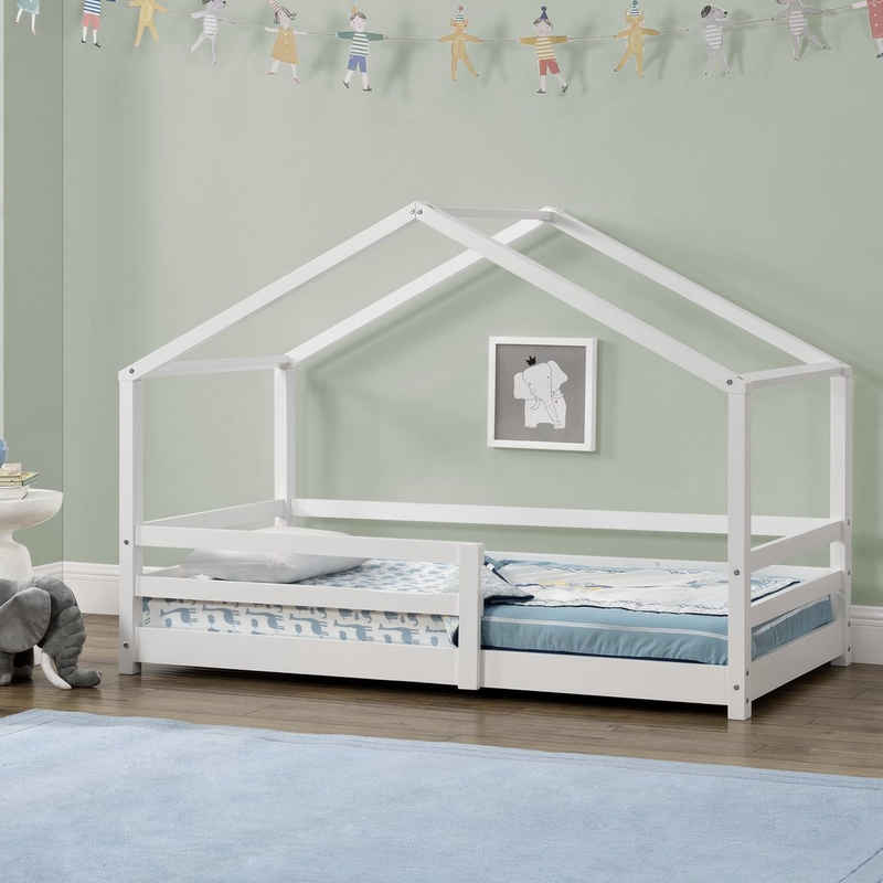 en.casa Hausbett, »Knätten« Kinderbett mit Rausfallschutz Kiefernholz 70x140 cm Weiß