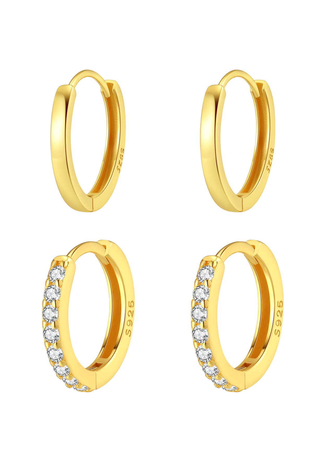 Hey Happiness Creolen-Set 4er Basic Layer, Ohrring-Set Silber 925 Damen, 2 Paare, Runde klassische Silber Ohrringe Kristalle, 18K vergoldet