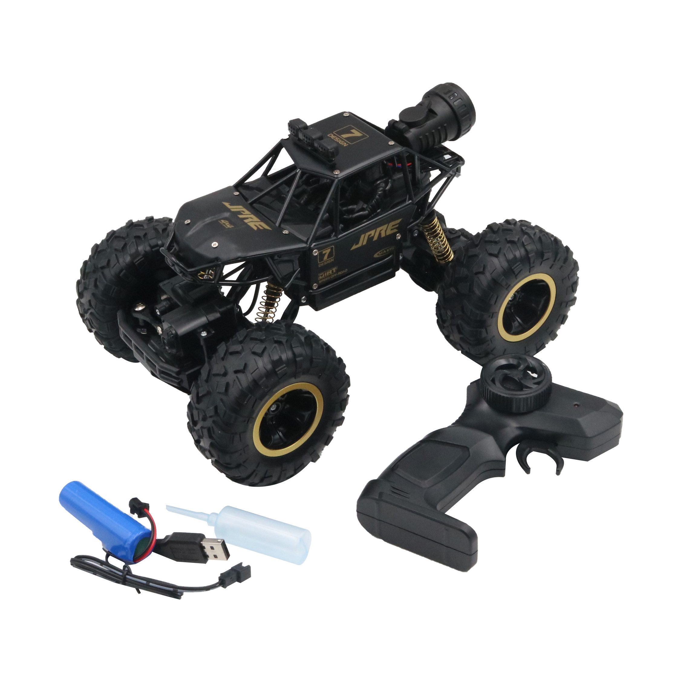 FUNFY RC-Auto 1:16 Rock Explorer RC-Spielzeugauto mit Allradantrieb (griffigeren Reifen, robuster Karosserie und wiederaufladbarem Akku, Mit 4 weichen Aufhängungen, Doppelmotor, Blitznebelspray), Hohe Geschwindigkeit, All-Terrain-Fähigkeit & bis zu 40 Min. Laufzeit.