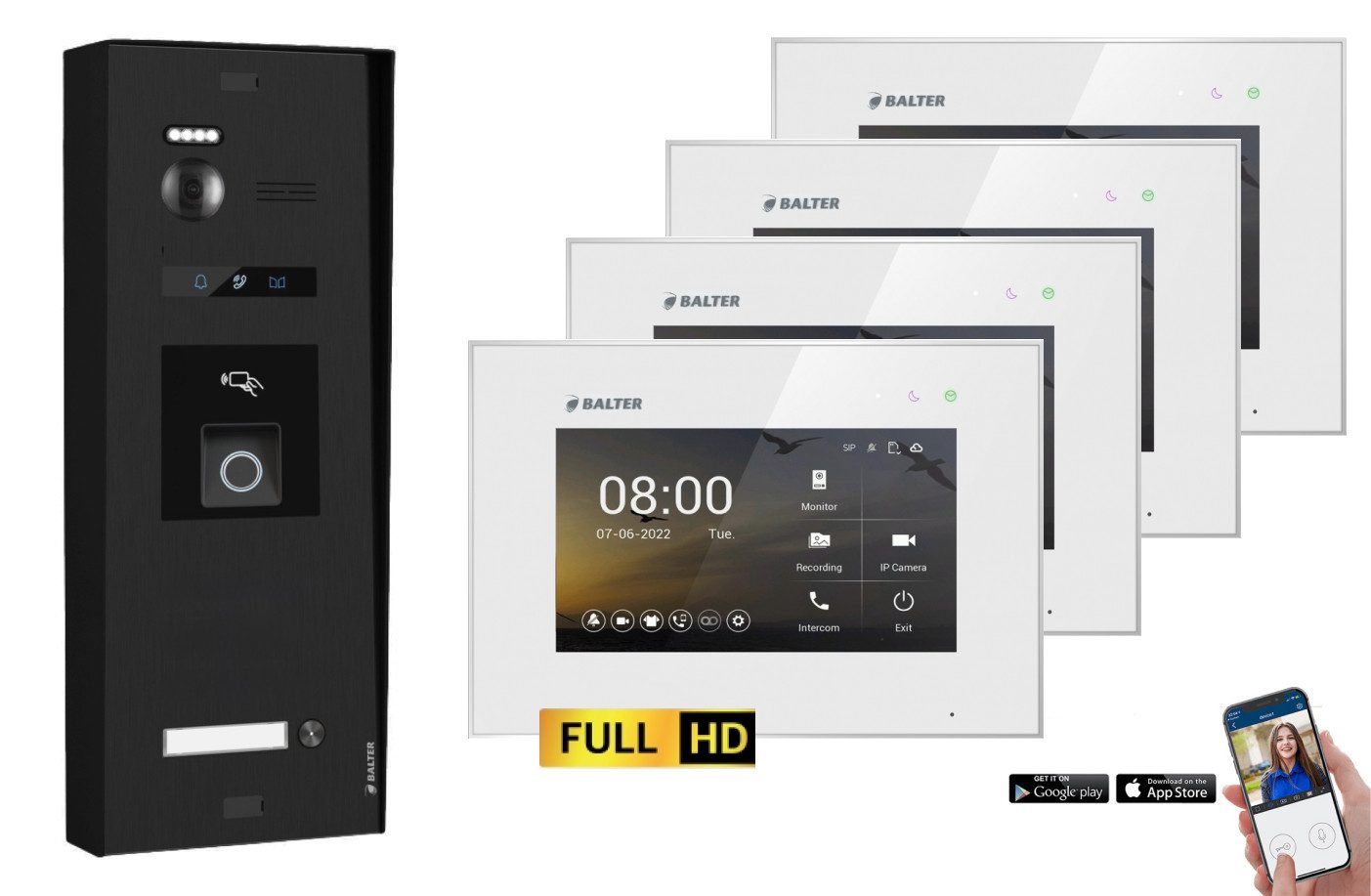 Balter Video-Türsprechanlage BALTER EVO-HD Aufputz Türsprechanlage 1-Familienhaus Schwarz Weiß (Set, 1-Familienhaus, Komplettset, Full HD 175° Kamera, Fingerprint, RFID)