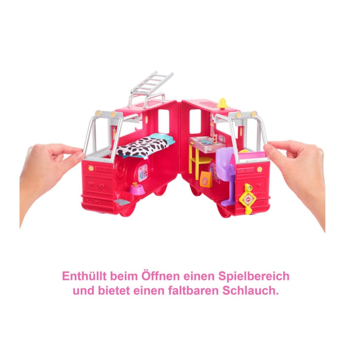 Fahrzeug - be... Mattel - mit Spielset Zubehör, Puppen HCK73 Mattel can - GmbH Feuerwehrauto Mattel® Barbie Chelsea