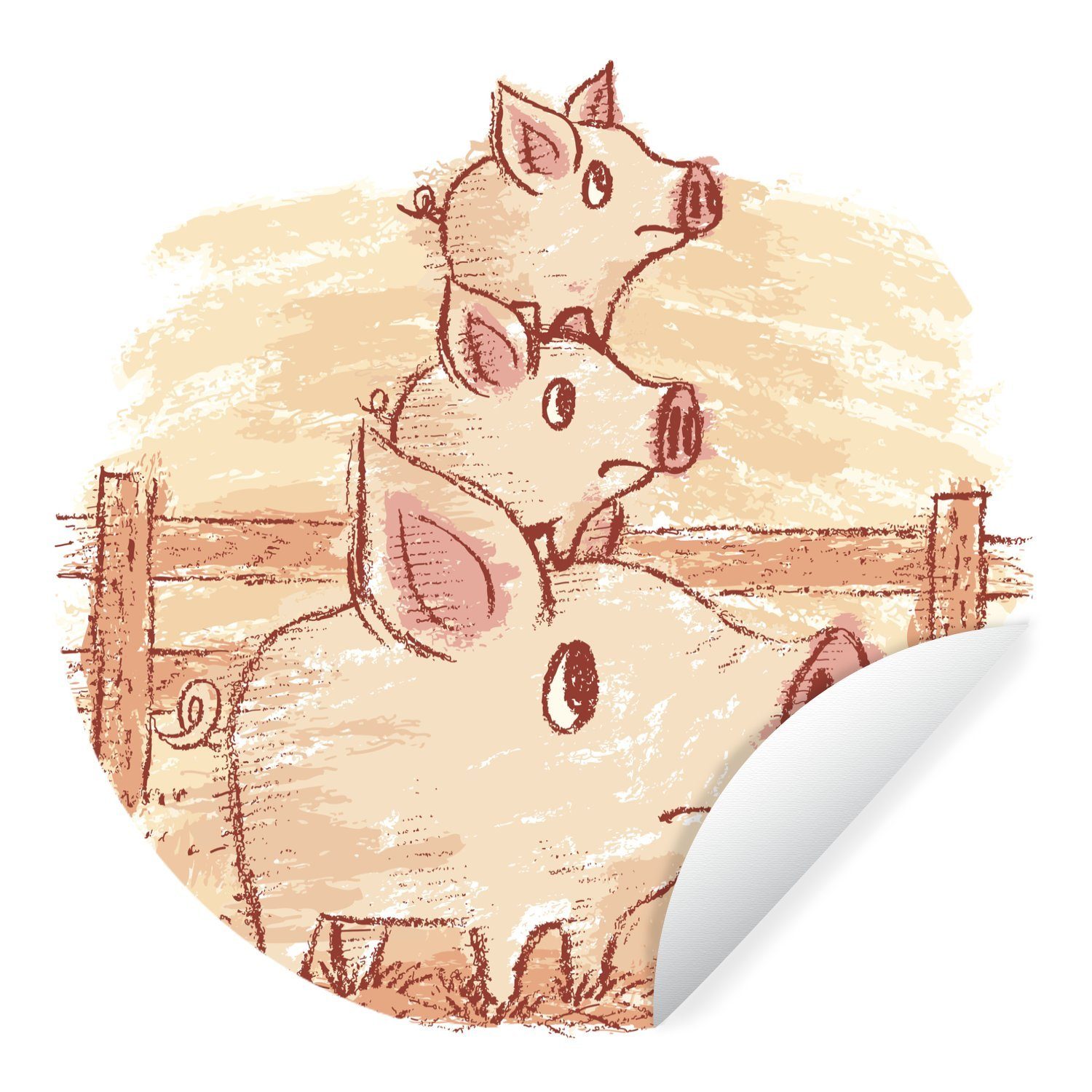 MuchoWow Wandsticker Eine Illustration eines Schweins mit zwei Ferkeln (1 St), Tapetenkreis für Kinderzimmer, Tapetenaufkleber, Rund, Wohnzimmer