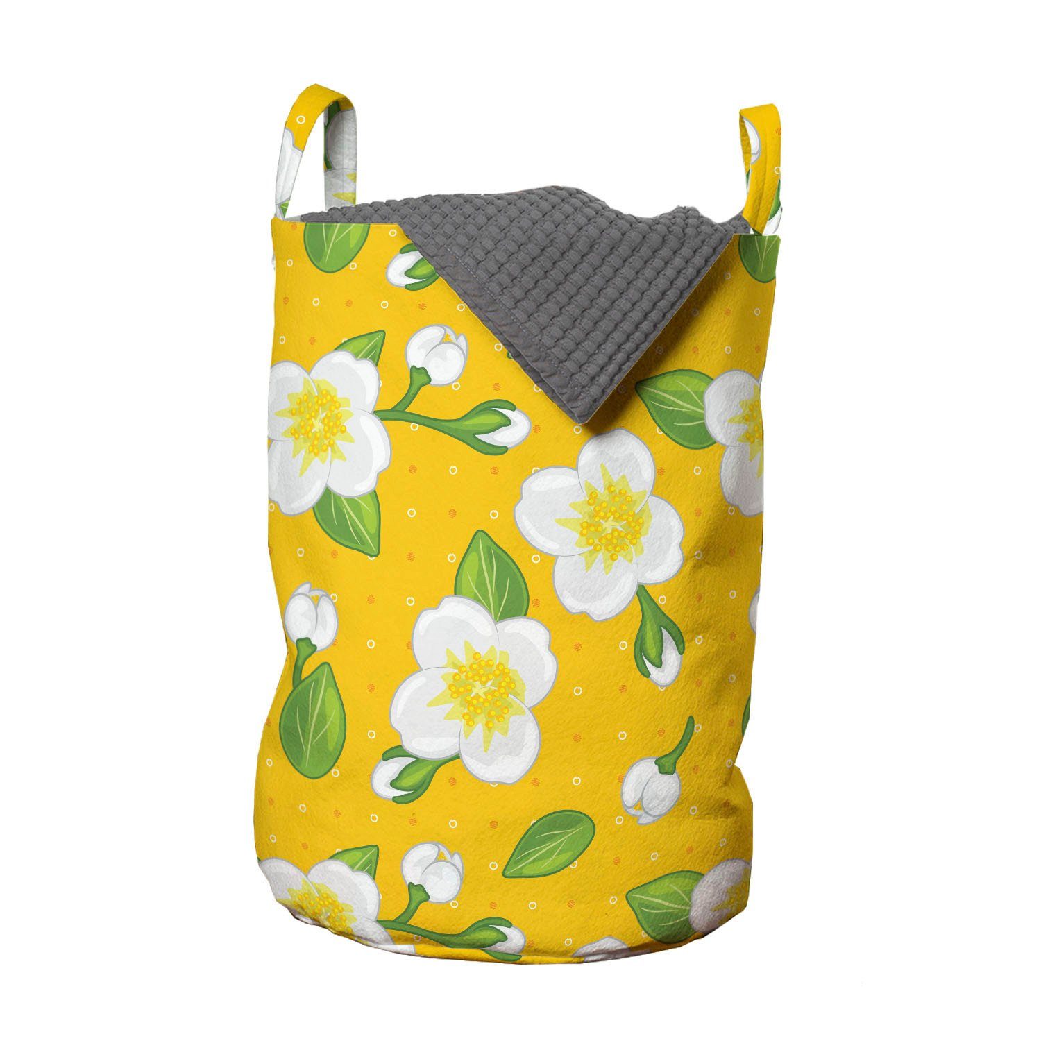 Abakuhaus Wäschesäckchen Wäschekorb mit Griffen Kordelzugverschluss für Waschsalons, Jasmin Blumen-Knospen Blätter auf Punkte