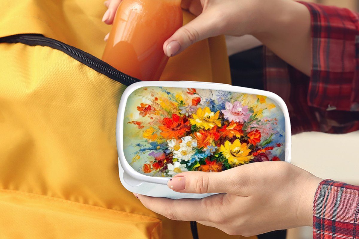 Kinder Jungs Brotbox Erwachsene, für Brotdose, Bunt (2-tlg), und und MuchoWow weiß Kunststoff, für - Mädchen - Lunchbox Blumen - Ölfarbe Blumentopf,