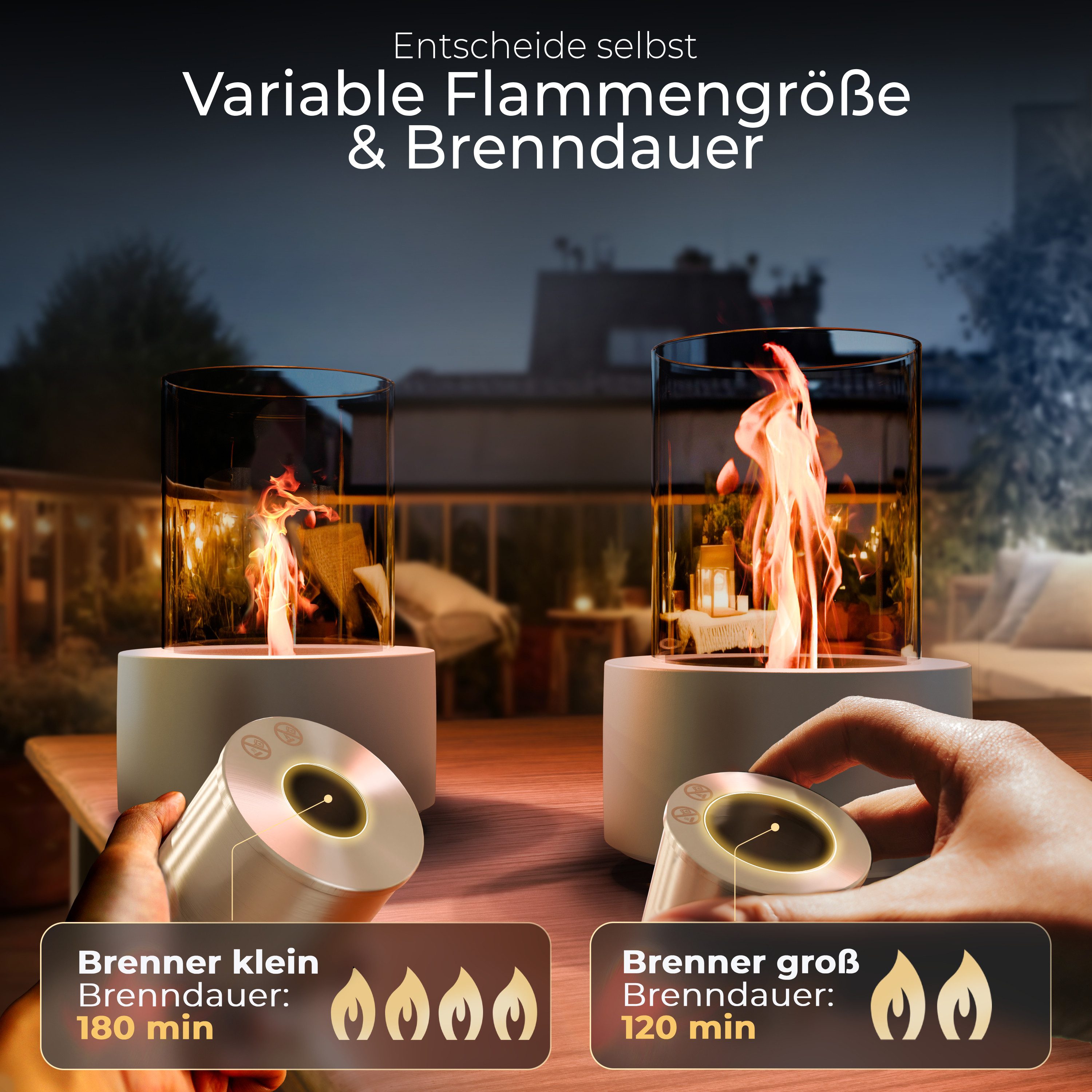 FIRELL Tischfeuer Ethanol Tischkamin Indoor & Outdoor Echtfeuer-Dekokamin (aus massivem Beton, Komplett-Set), Verstellbare Flamme, 3,2 kg Beton, 3h Brenndauer, TÜV Geprüft