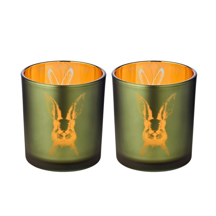 EDZARD Teelichthalter Hase (2er Set) Windlicht 2er-Set Kerzenglas mit Hasen-Motiv in Grün/Gold-Optik Teelichtglas für Teelichter Höhe 8 cm Ø 7 cm