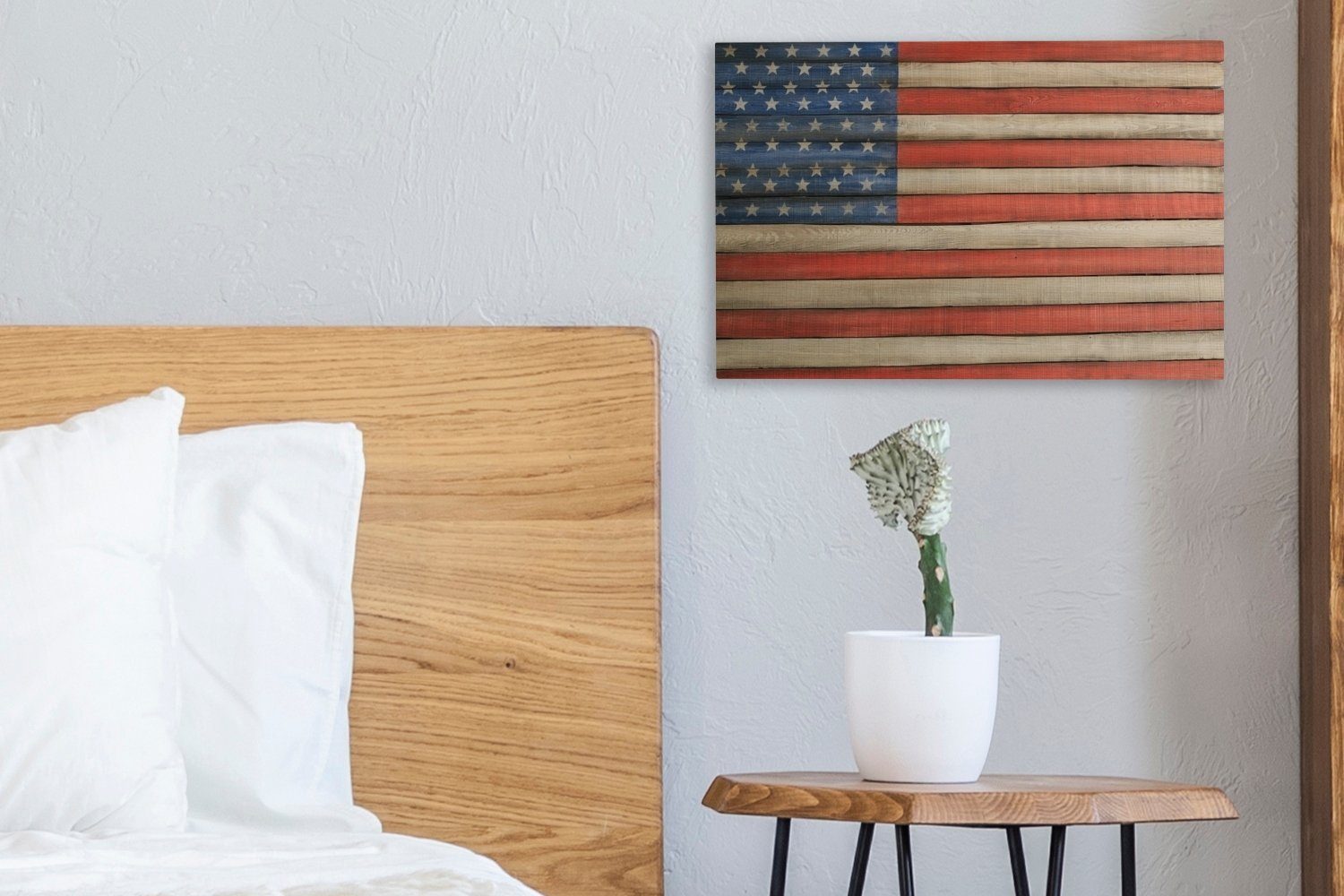 OneMillionCanvasses® Leinwandbild Flagge der (1 30x20 Vereinigten St), einem Holzpfahl, Staaten Leinwandbilder, auf Wanddeko, Aufhängefertig, Wandbild cm