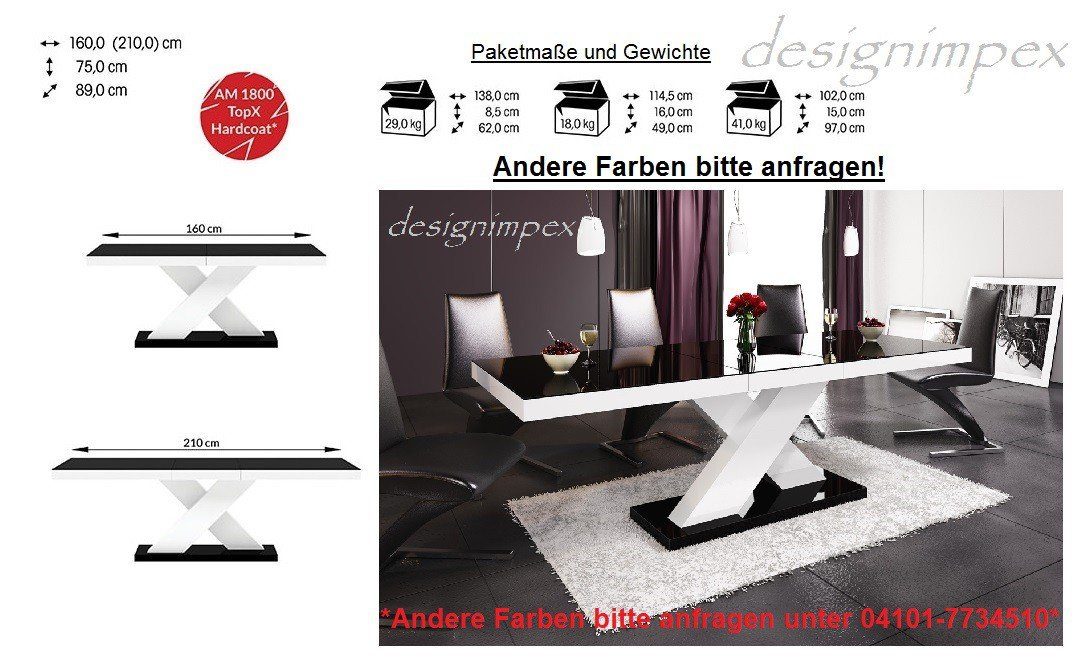 Hochglanz cm Hochglanz 160 210 / Schwarz Design designimpex Schwarz Weiß Weiß Tisch HE-888 Esstisch bis ausziehbar Hochglanz /