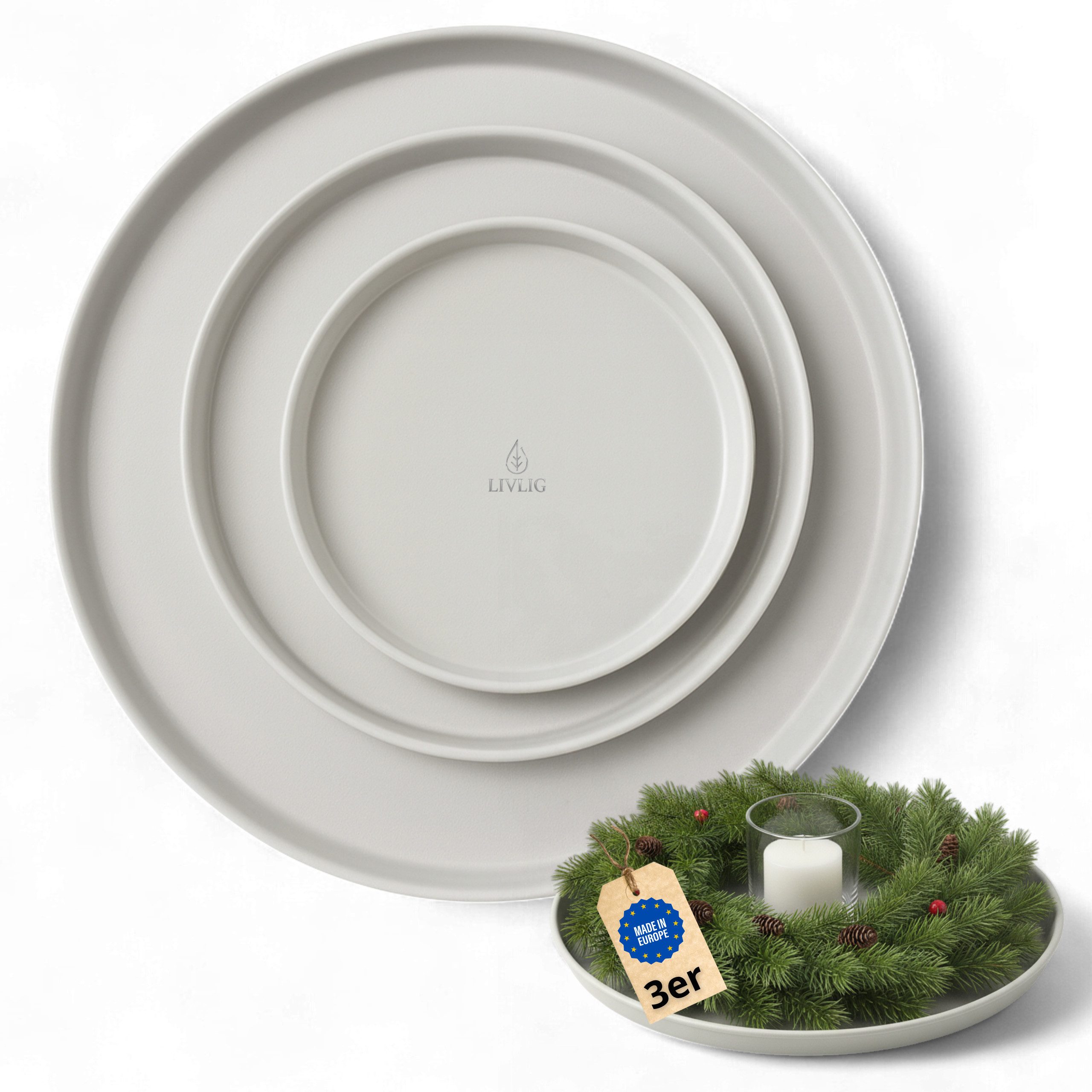 LIVLIG Dekotablett Deko Tablett, Serviertablett rund für Weihnachtsdeko & Adventskranz (Set, 3er Set), robust, pulverbeschichtet, modern, Ø 25 cm, 30 cm und 40 cm