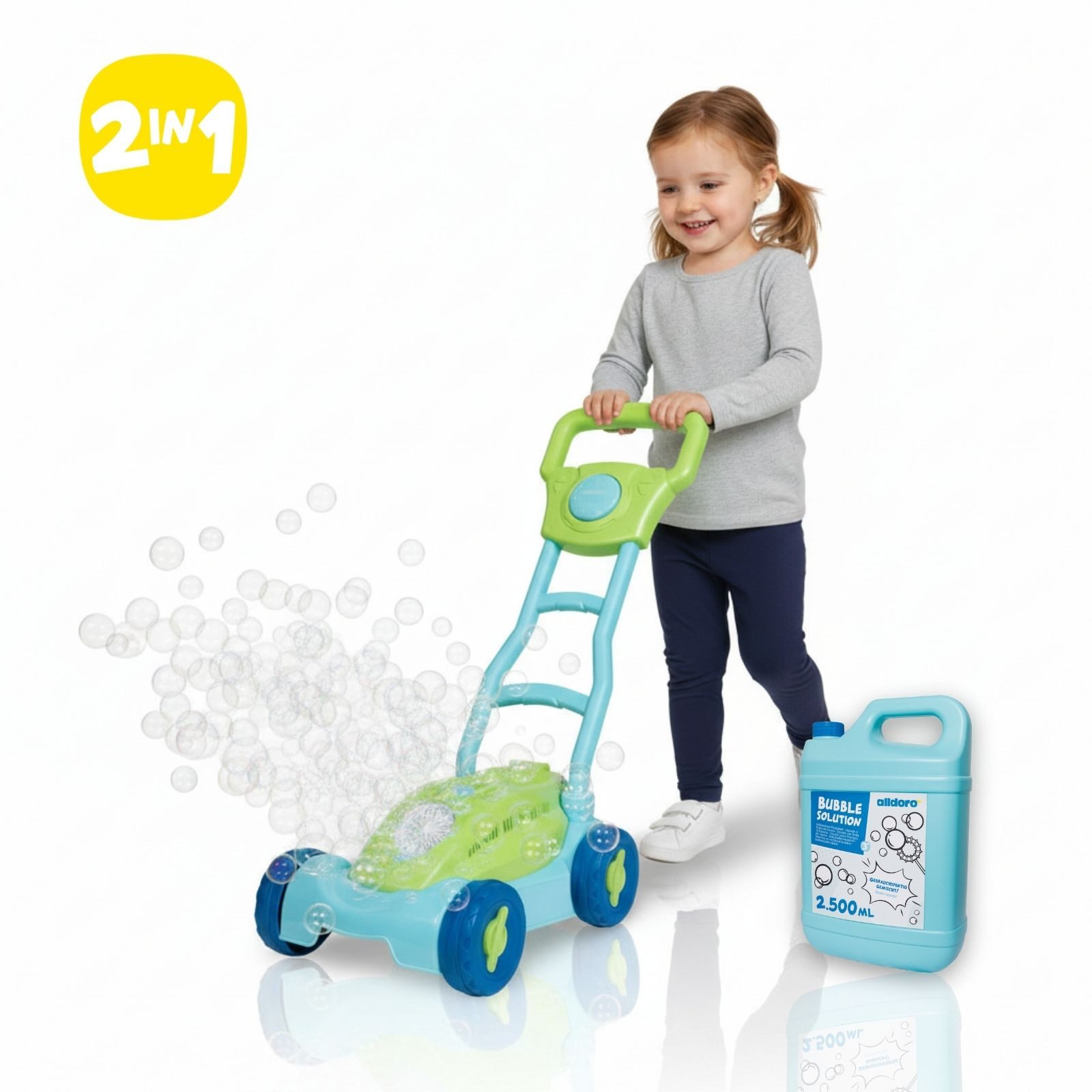 alldoro Seifenblasenspielzeug 2 in 1 Set: Seifenblasen-Rasenmäher mit 2,5L Nachfüllkanister, auslaufsicher, Licht & Hupe + XXL-Nachschub für Kinder ab 3 Jahren