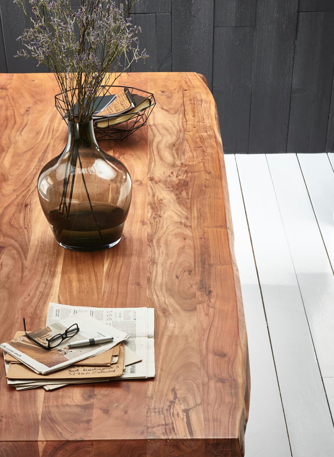 Tischplatte Naturfarben Baumkante Massivholz, | natürliche 50mm, Akazie Silberfarben Stärke Xerez, Junado® Baumkantentisch