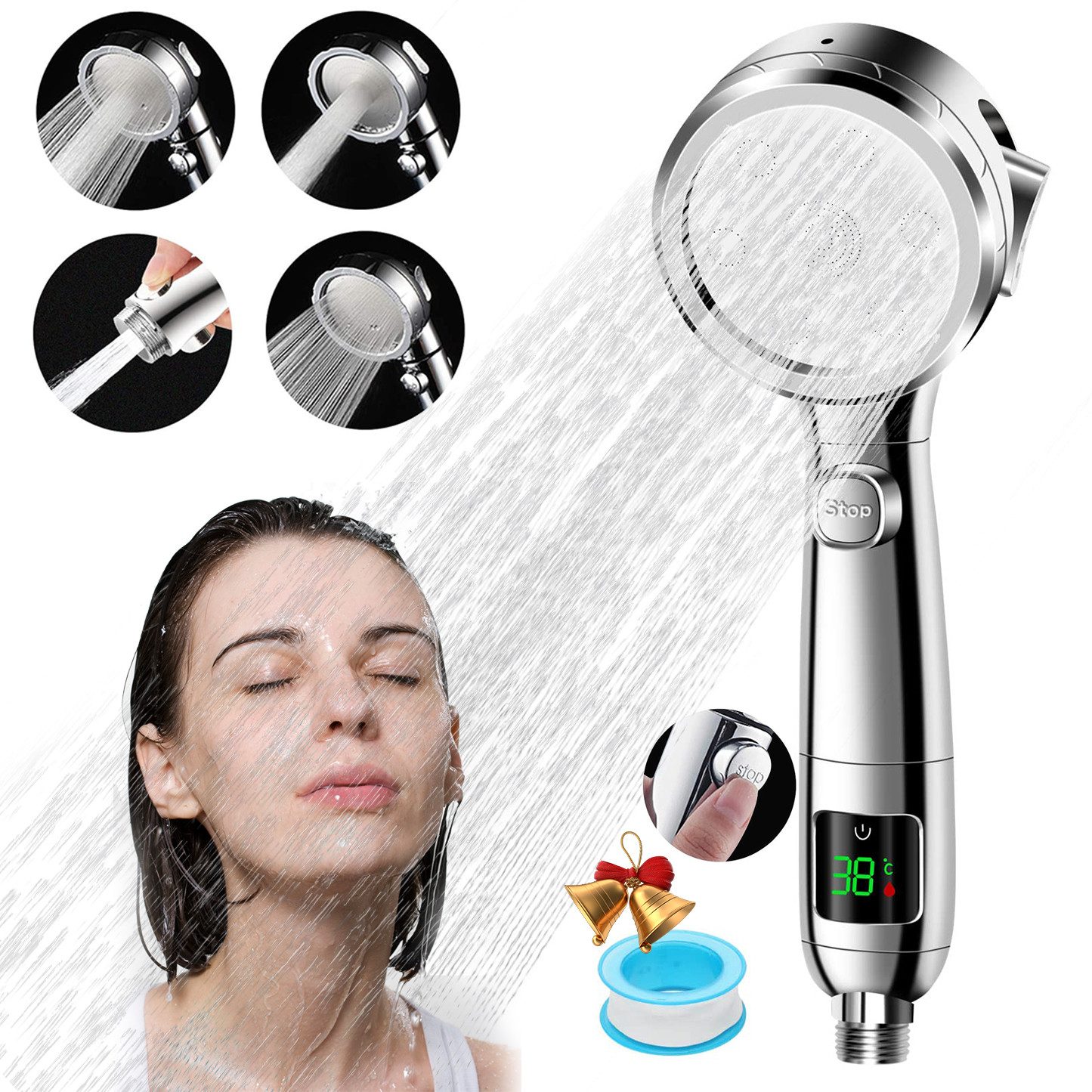Handbrause Hochdruck Duschbrause Temperaturanzeigen 4Strahlarten mit Wasserstopp