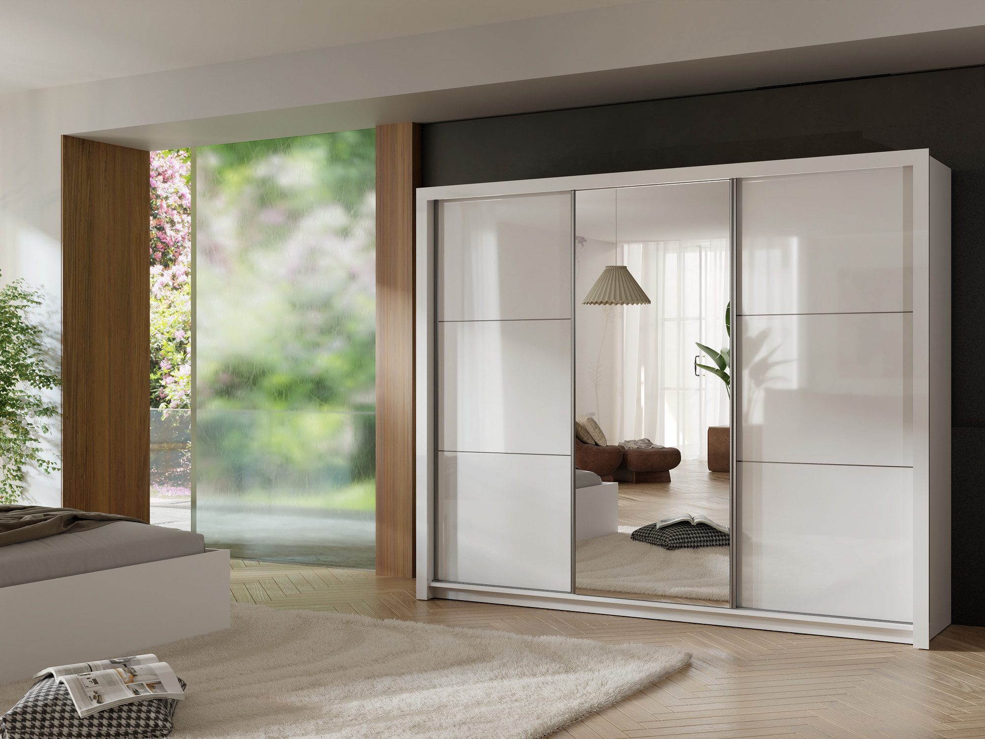 Home affaire Kleiderschrank LANDERY Garderobe mit Spiegel, 8 Fächer, 2 Kleiderstangen, Beleuchtung Schiebetürenschrank mit 3 Türen, Maße B/T/H: 252/67/213cm