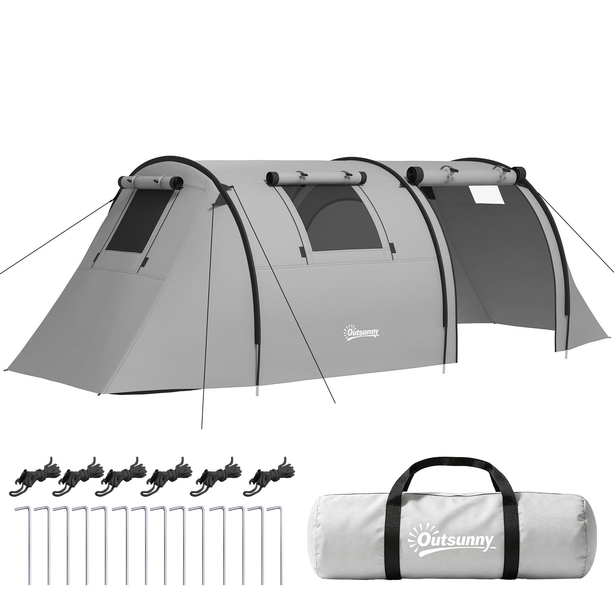 Outsunny Kuppelzelt Campingzelt stabil mit Schlafzimmer Wohnzimmer, Tunnelzelt, Personen: 4 (wasserdicht Campingzelt, 1 tlg., Familienzelt), für Camping Reise, Grau