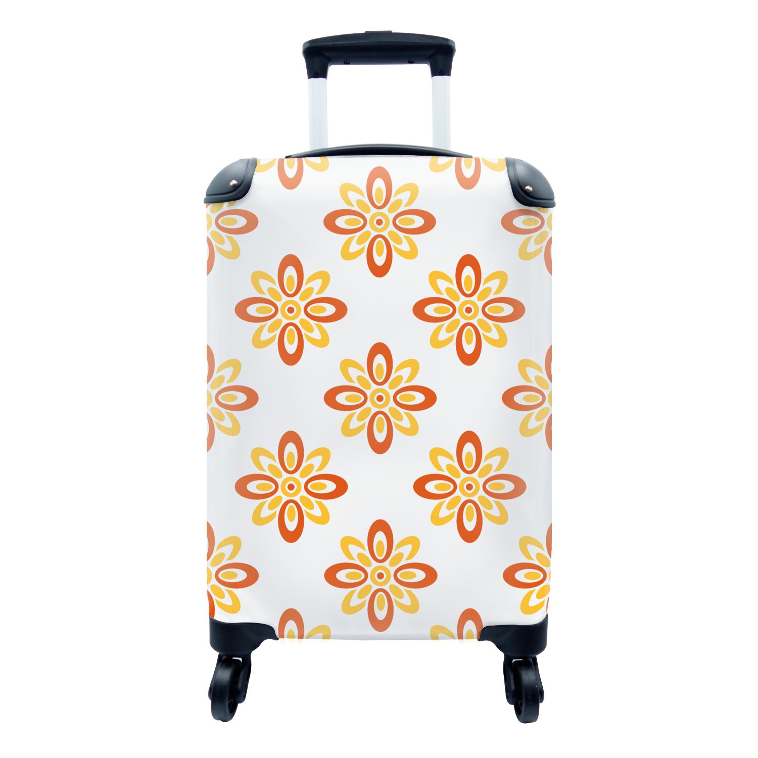 MuchoWow Handgepäckkoffer Muster - 70er Jahre - Blumen - Orange, 4 Rollen, Reisetasche mit rollen, Handgepäck für Ferien, Trolley, Reisekoffer