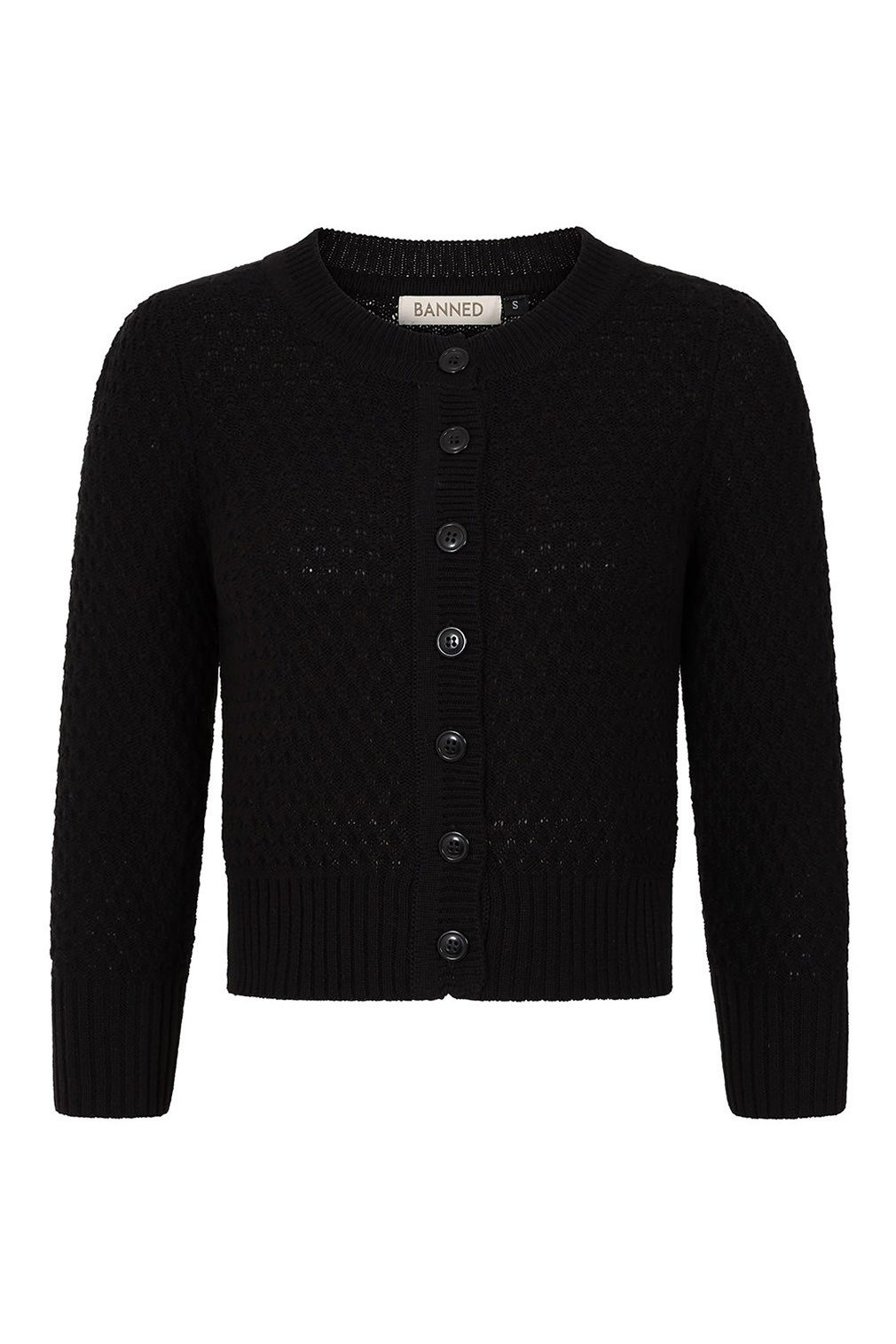 Banned Strickjacke Fara Cardigan Schwarz Vintage Wabenmuster Baumwolle