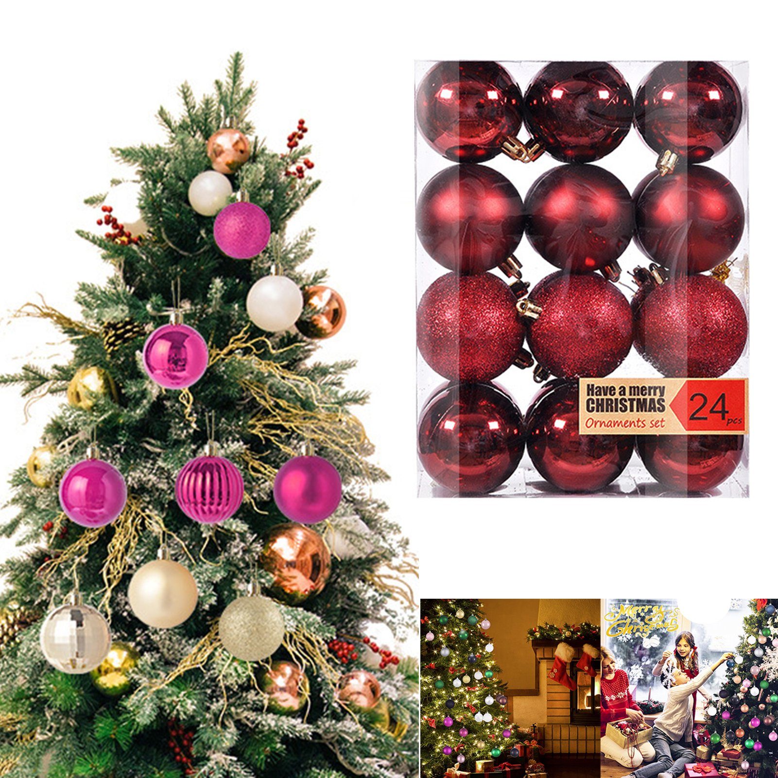 Weihnachtsdeko, 6cm 24 Weihnachts Christbaumkugeln, Weihnachtskugeln Stück Weinrot Weihnachtsfeier Rutaqian - Schmuck Weihnachtsbaumkugel