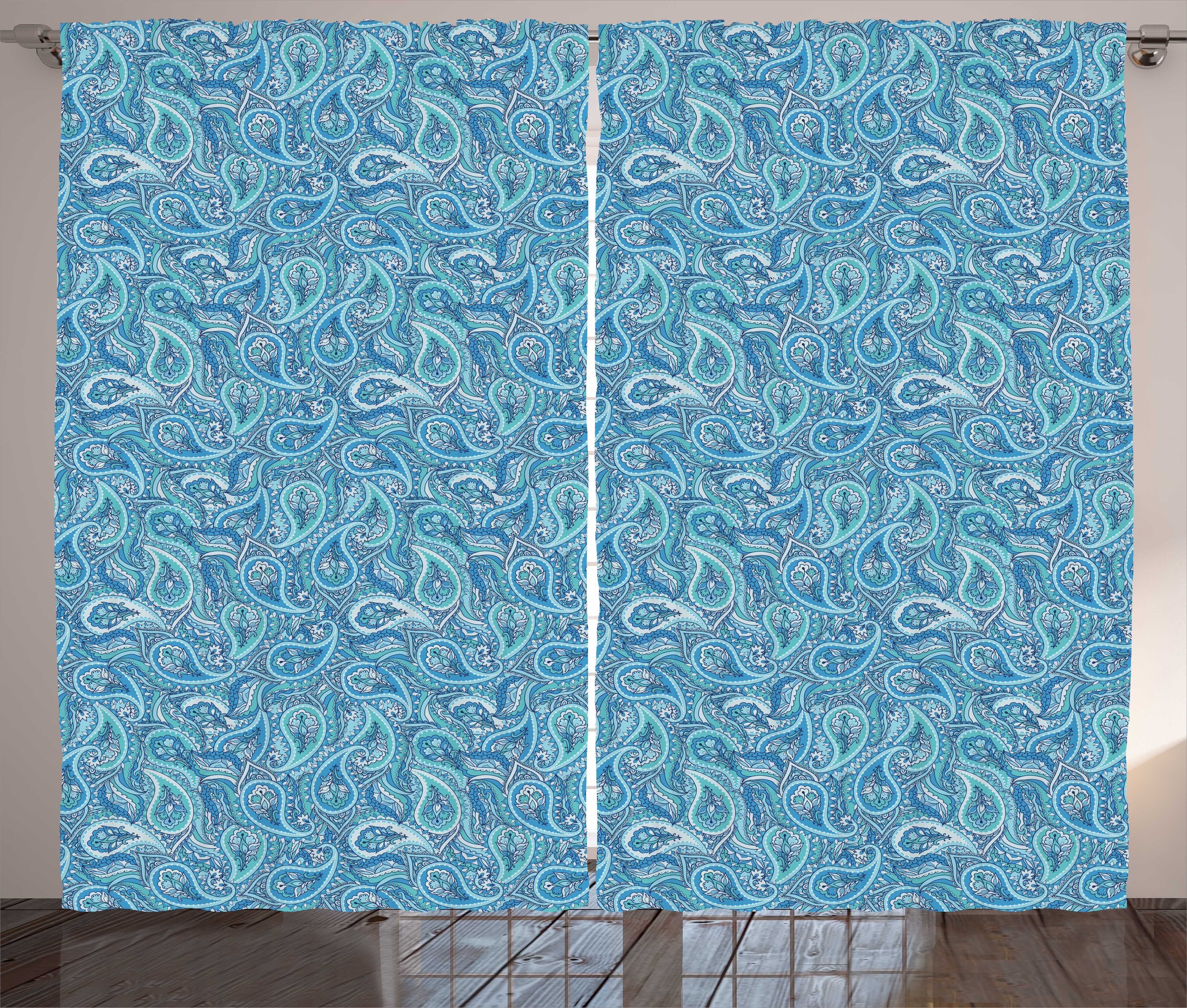 Gardine Schlafzimmer Kräuselband Vorhang mit Schlaufen und Haken, Abakuhaus, Paisley Blaue Töne Oriental Floral | Fertiggardinen