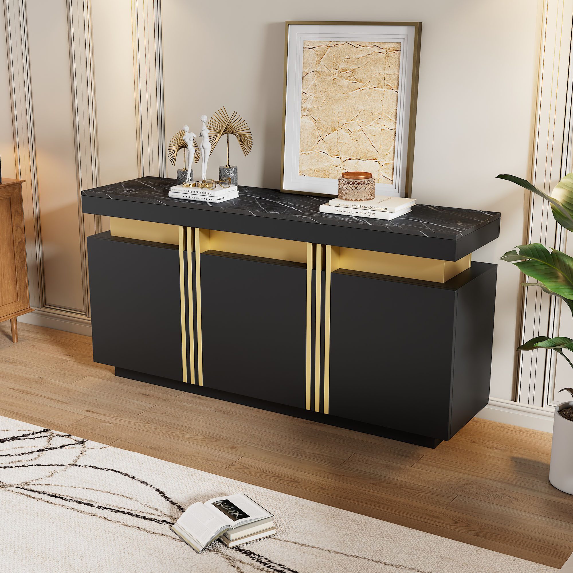 MODFU Sideboard mit Marmorstruktur (Wohnzimmerschrank, Küchenmöbel, Kommode, Anrichte, 1 St., 3 Türen), mit verstellbaren Trennwänden