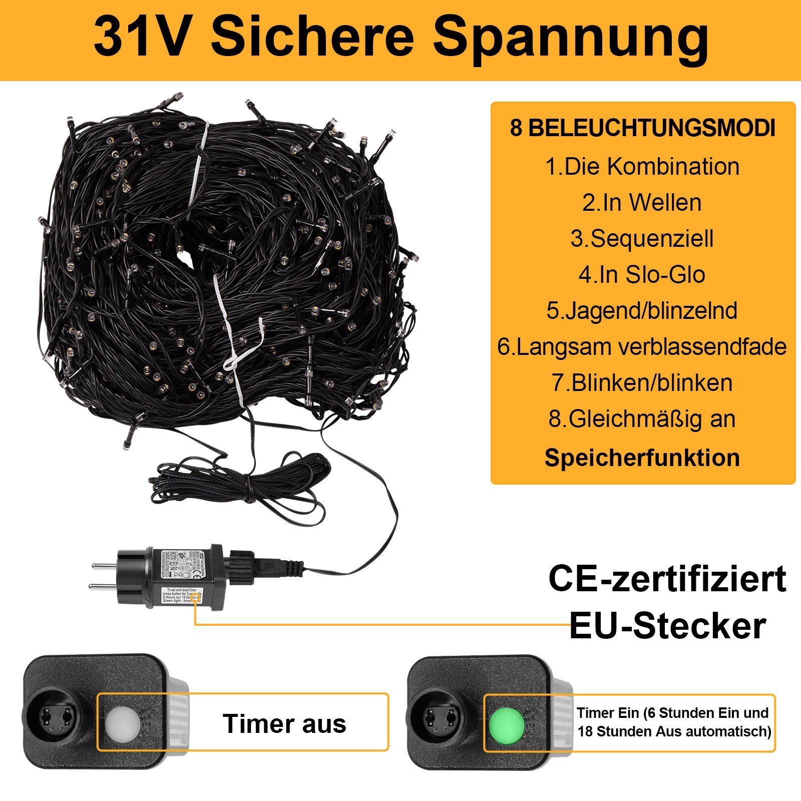 Sunicol LED-Lichterkette 5-100M lichterkette innen, USB/mit Stecker, Warmweiß, 500-flammig, Dimmbar, 8 Modi, Timer, für Weihnachten Garten Party – Bild 5 von 5