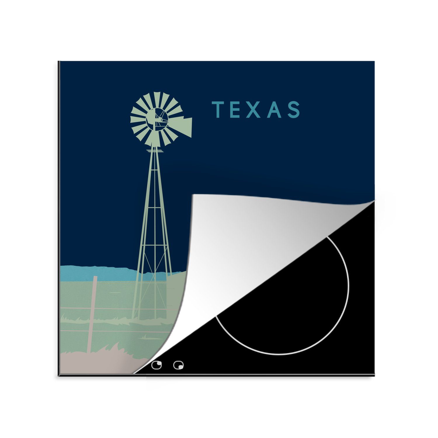MuchoWow Herdblende-/Abdeckplatte Texas - Windmühle 78x78 cm, Amerika tlg), (1 für küche Vinyl, - Illustration USA, - Ceranfeldabdeckung, Arbeitsplatte 