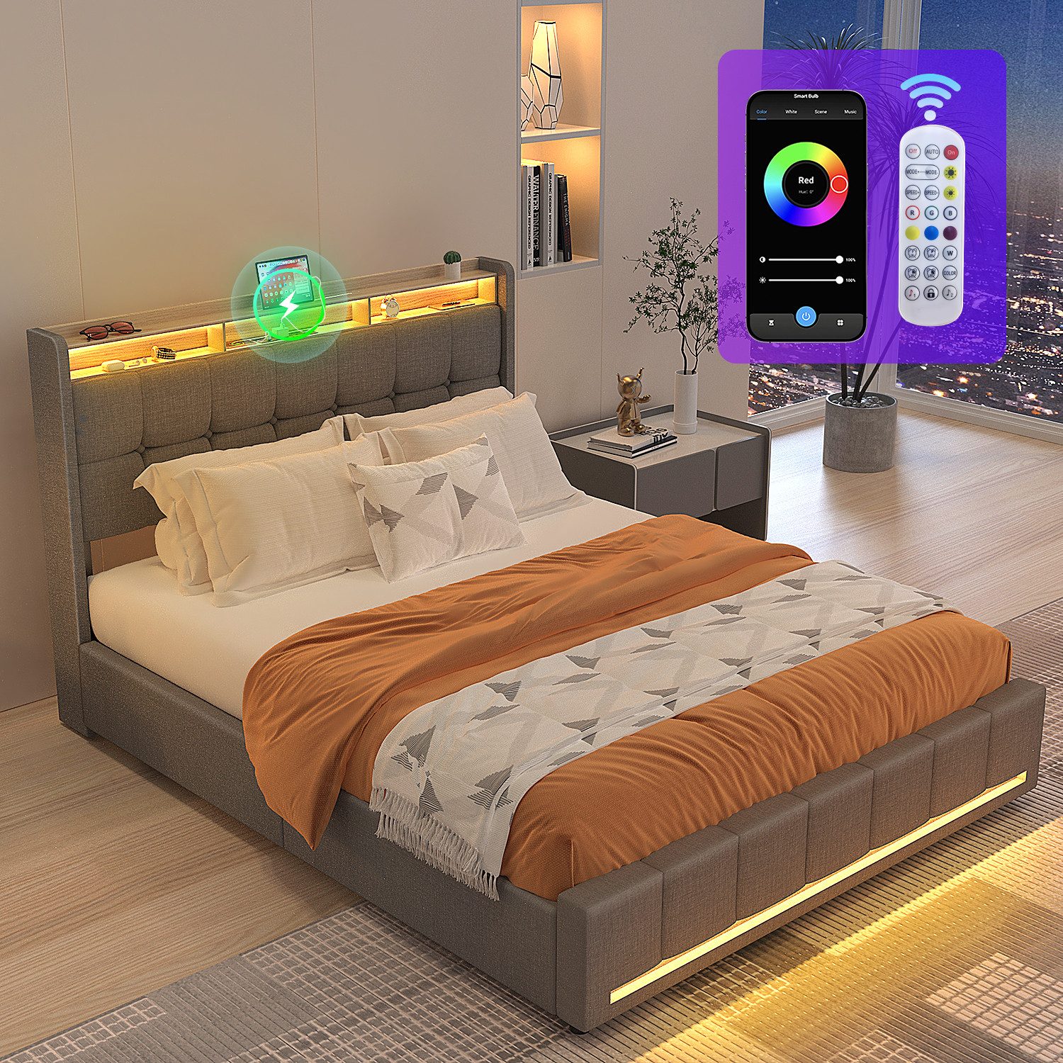 oyajia Polsterbett LED Doppelbett 140x200 cm günstig online kaufen