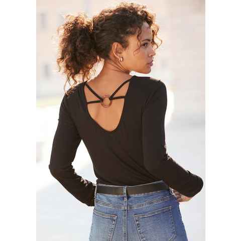 LASCANA Langarmshirt mit tiefem Rückenausschnitt und Zierring, Longsleeve mit V-Ausschnitt