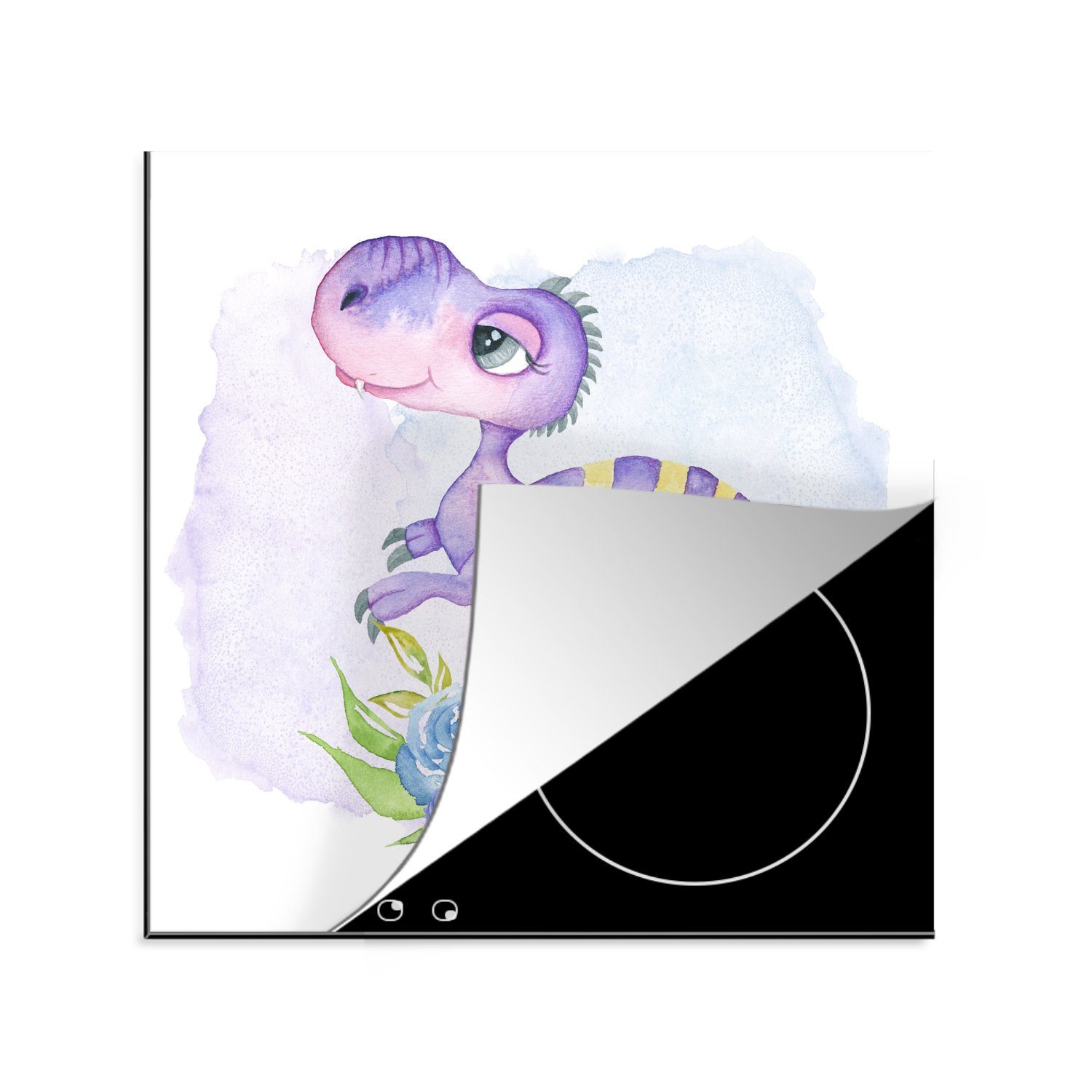 MuchoWow Herdblende-/Abdeckplatte Dinosaurier - Kinderzimmer - Aquarell - Mädchen - Kinder - Rosa, Vinyl, (1 tlg), 78x78 cm, Ceranfeldabdeckung, Arbeitsplatte für küche