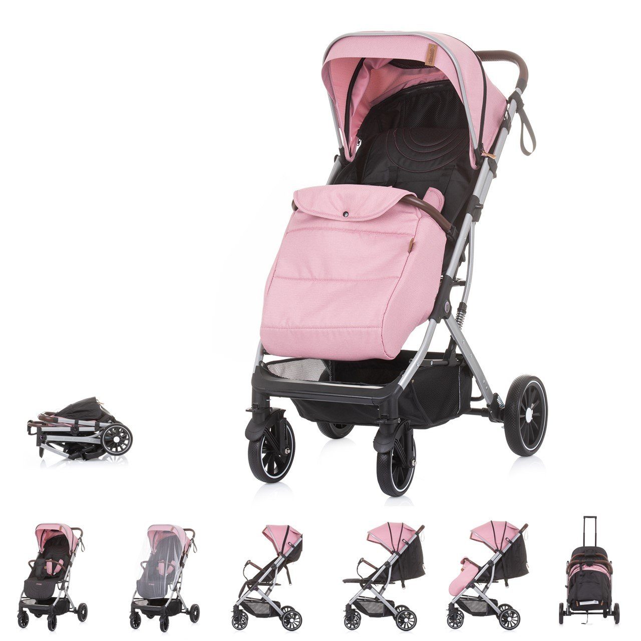 Chipolino Kinder-Buggy Kinderwagen, Buggy Combo 22 kg, Fußabdeckung Moskitonetz Räder gefedert rosa